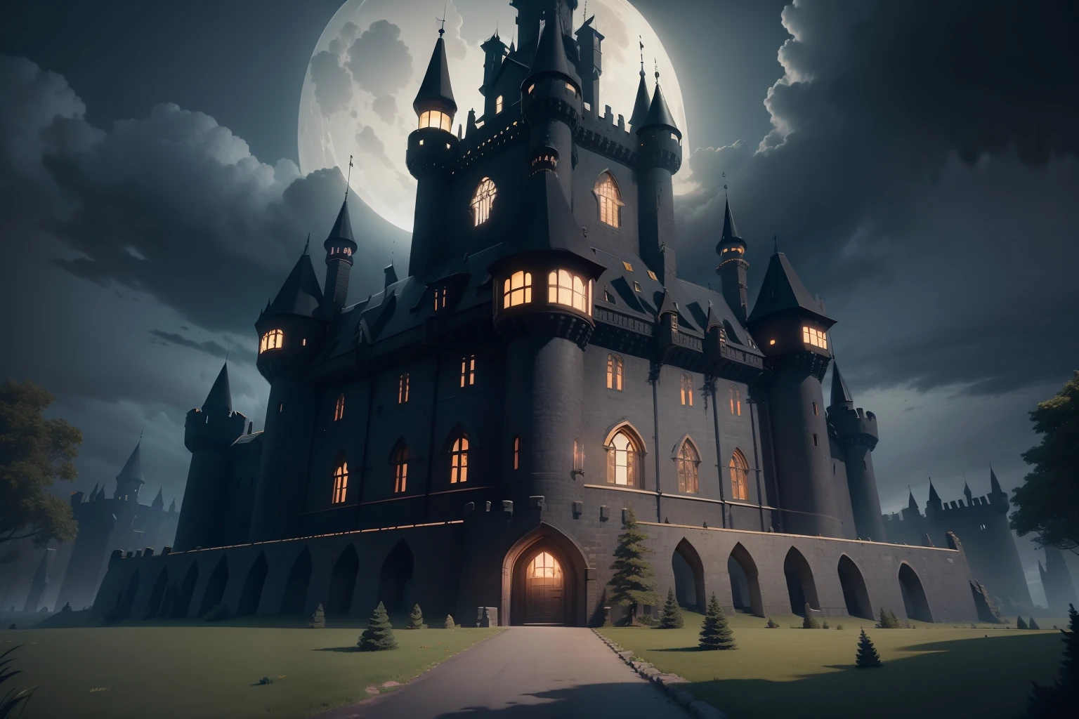 Isometric view of a black gothic castle. Thirteen dark narrow, round towers dwarf everything below them and are connected by high, chunky walls made of black basalt.
Crude slightly illuminated windows are scattered thinly around the walls in fairly symmetrical patterns, along with same-sized holes for archers and artillery.
A vast gate with massive dark wooden doors, a draw bridge and strong defenses.
Trees grow close to the castle gates. Dark, night, clouds and big moon. Castle illuminated by moonlight. Ray traicing, 3d.