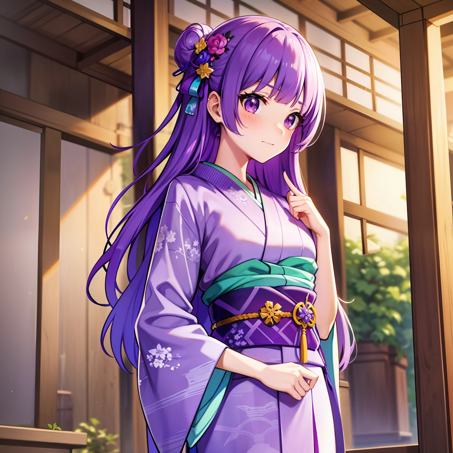Kimono, standing, 1 girl, 8k, white shirt, High Quality, looking at viewer, medium bust, chest length hair, purple hair, blushing, embarrassed