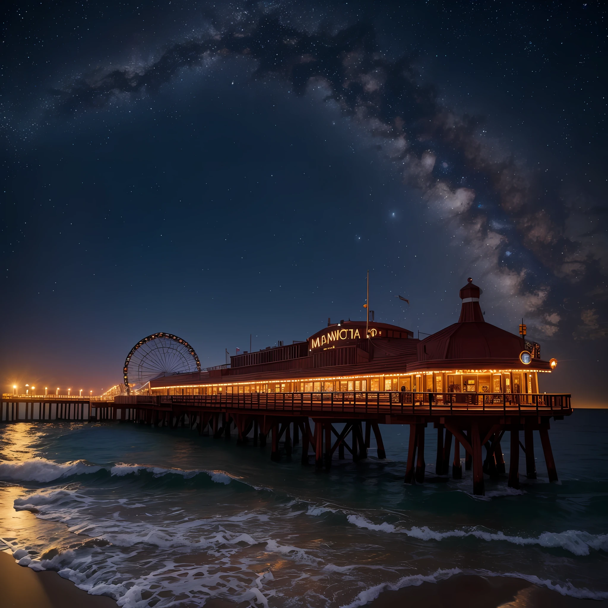 mdjrny-pprct,Santa Monica Pier under starry night sky, intricate details, ornate, (high detailed:1.2),full scene,van Goph