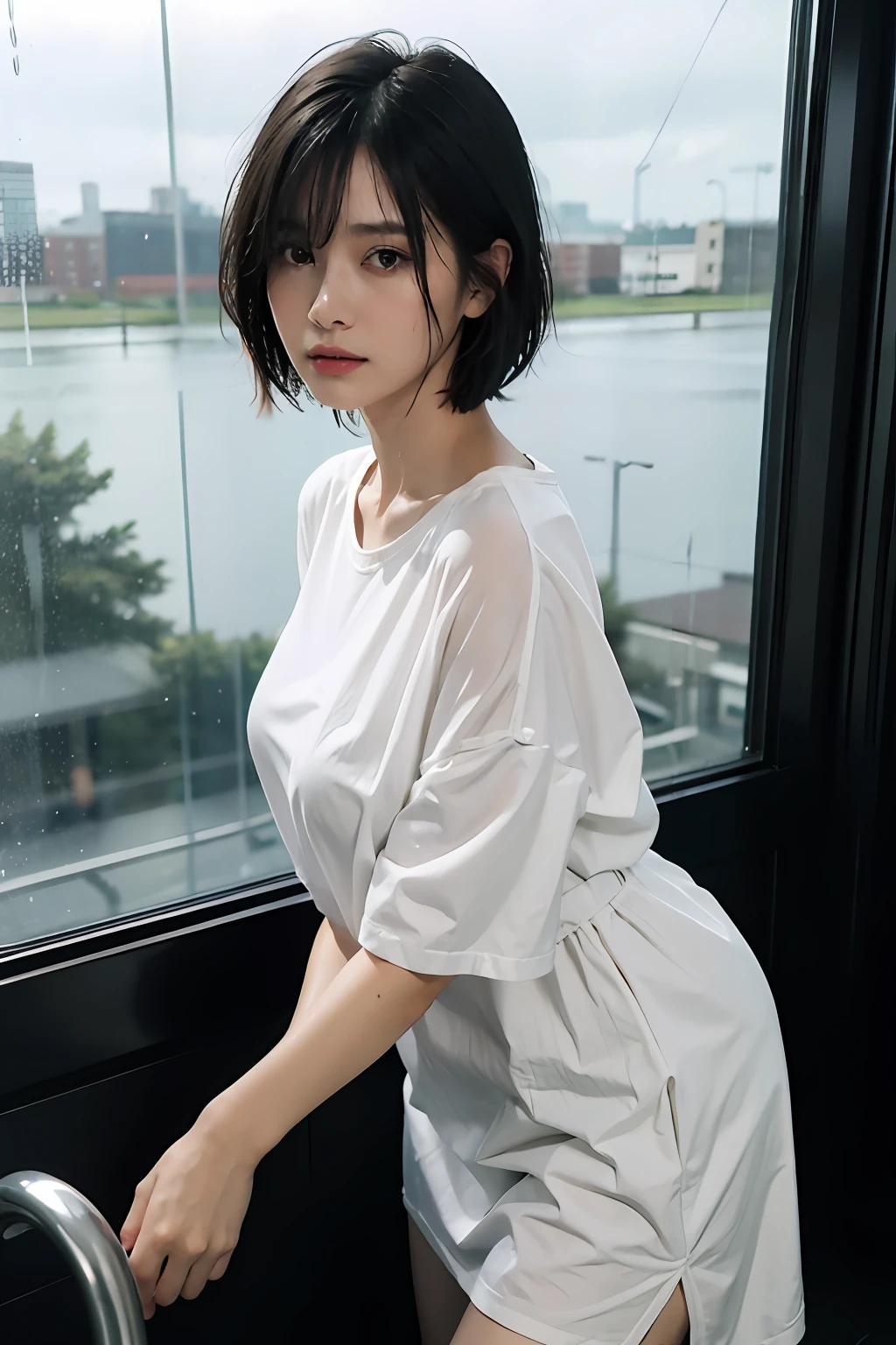 One beautiful woman, front, waist up angle, detailed eyes, big eyes, black eyes, fair skin, slender, black hair, short hair, wet hair, wet skin, background is hotel room with night view, rain outside window, water drops on window, swollen eyes, sad expression, sexy, dressed in plain white t-shirt, night, straight hair, bangs,