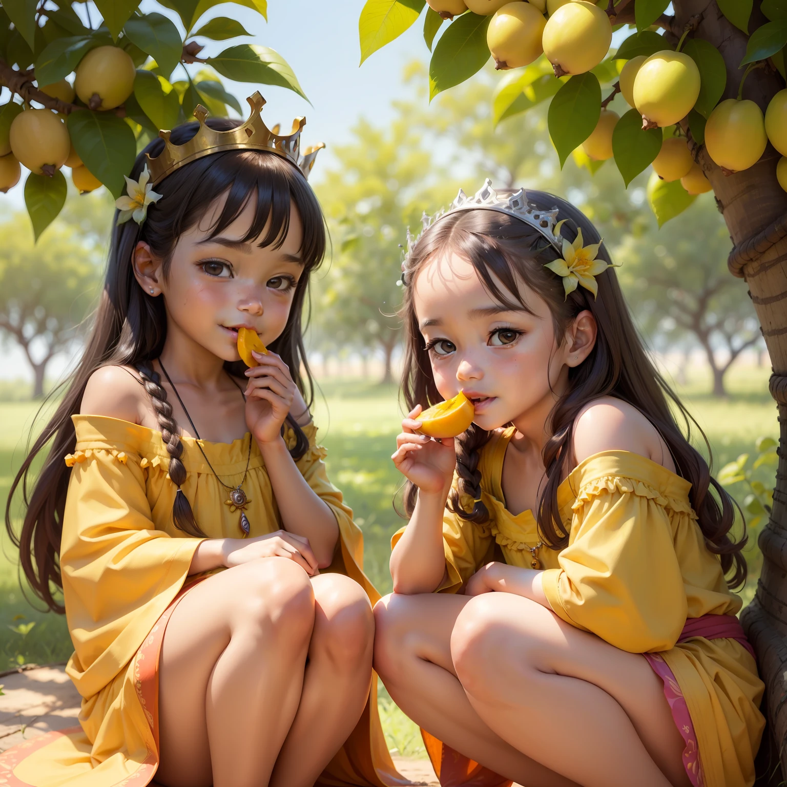 Some little queens, looking so pretty,realistic face,eating mango below the mango tree,they're in happy mood,