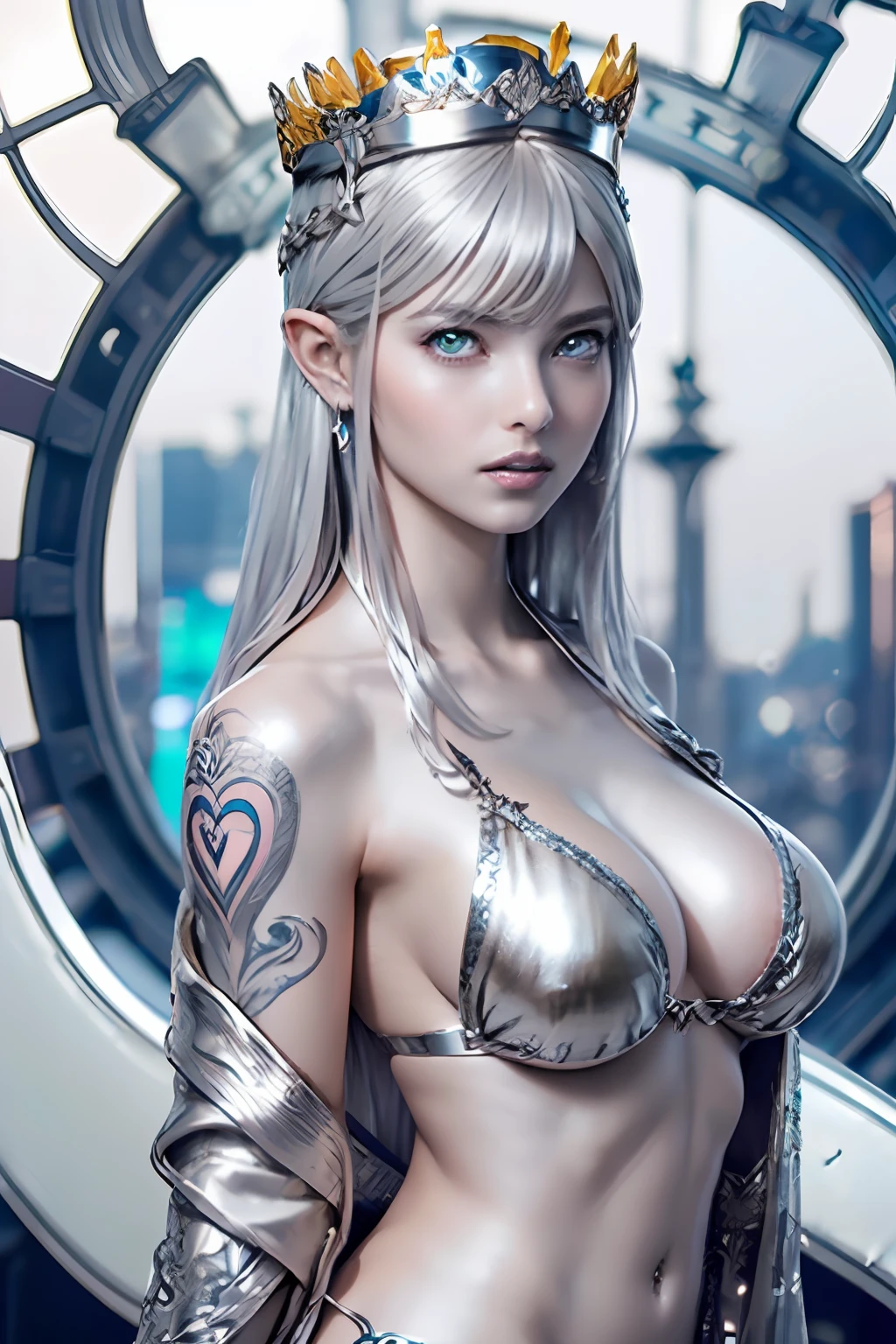 Ultra-detailed complex 3D rendering of the face, (masterpiece, top quality, octane rendering,), glamour shots full body image, very beautiful young elves, cleavage, (highly detailed skin: 1.2), (exposure: 1.1), ((blue micro bikini: 1.95)))). , 8k, (((very soft breasts)), (((conspicuous large pink areola)), beautiful Caucasian woman with white skin with full soft breasts with big buttocks, one, long braided hair, big breasts, dynamic angles, (((huge breasts: 2.4)), ultra-realistic photos, ((((((silver hair)))), futuristic urban background, facial muscles, (((((detailed and glamorous silver crown)))), In the style of Marvel Comics, ArtStation Trends, Clear Focus, Intricate Details, Very Detailed, Detailed Green Eyes, Sharp Focus, Digital Rendering, Professional, Abs, Lip Gloss, Glossy Skin, Sexy Pose, Golden Tattoo All Over Body, Silver Pattern All Over Body, Silver Lame Skin, Gold Glitter Skin, Mansuji, Buttocks, Jeweled All Over the Body, with silver scales, silver hair,