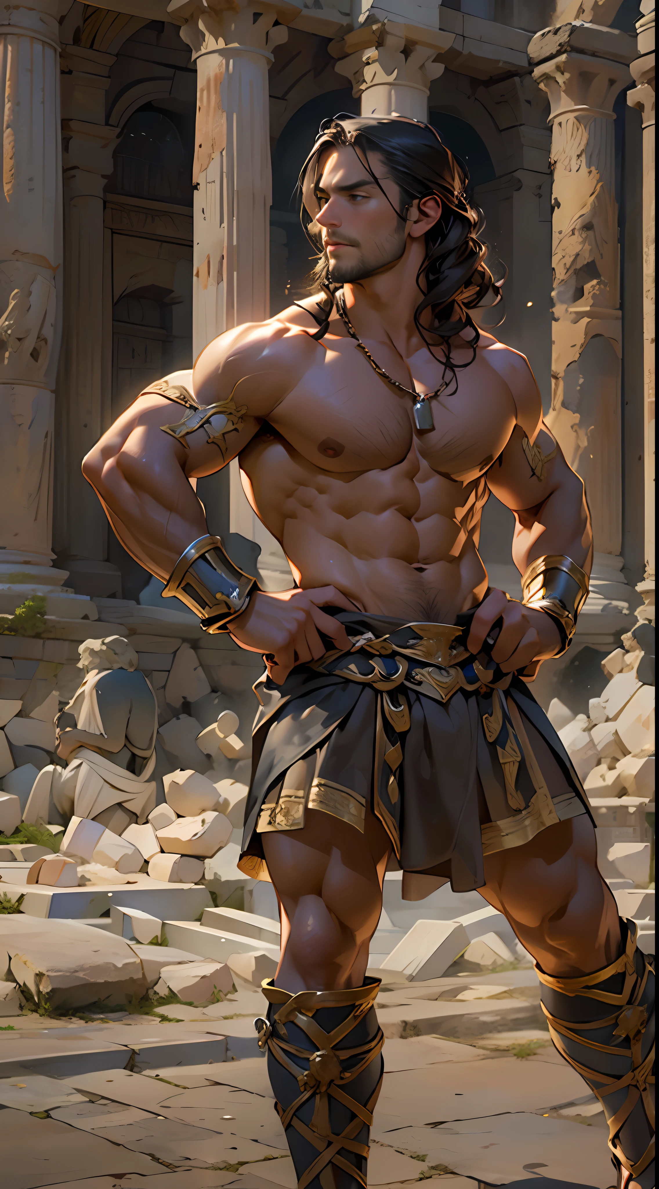 Herculean gladiator, bare chest, lower body revealed from thighs to feet, long curls cascading, meticulous muscle definition, photorealistic portrayal, 4K quality. Background: Colosseum in ancient Rome,32k uhd, best quality, masterpiece, super detail, high details