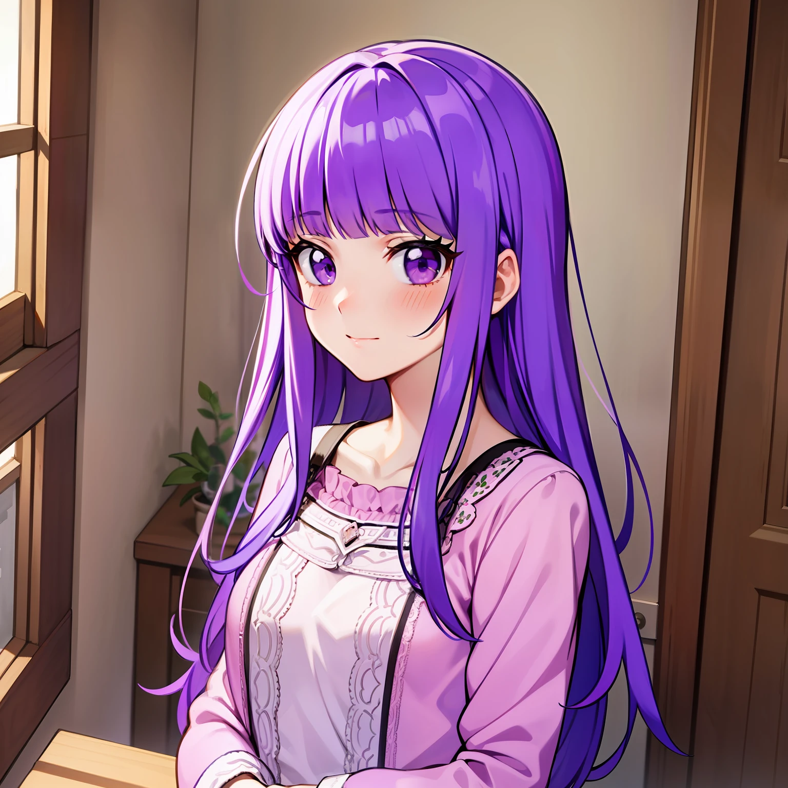 Pijama, standing, 1 girl, 8k, High Quality, looking at viewer, medium bust, chest length hair, purple hair, blushing, embarrassed