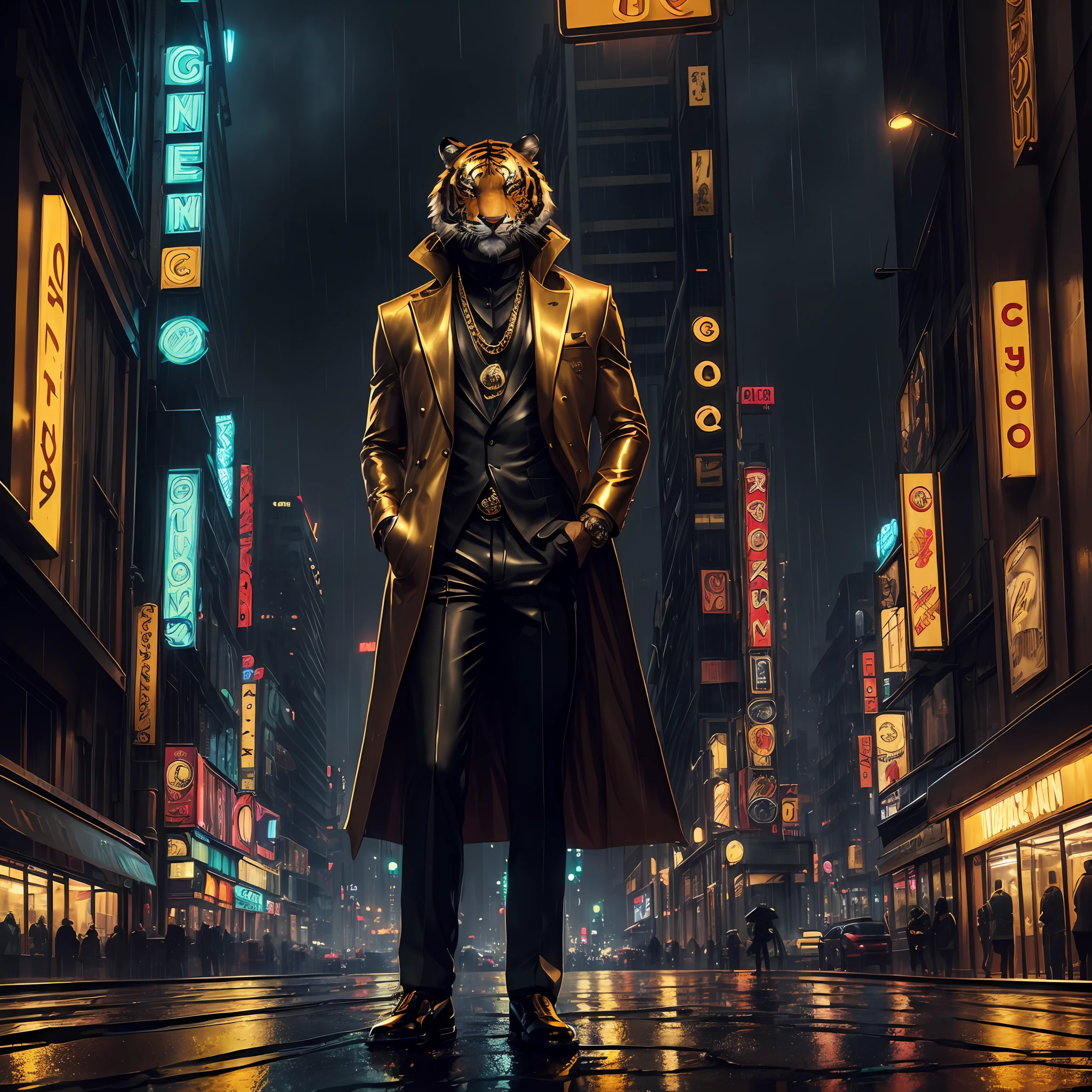 ((realistic)), ((detailed)), illustration, scene perspective (urban setting), character appearance (tiger-headed and humanoid body wearing a sleek overcoat, gold chains, and rings while smoking a cigar amidst a rainy night with an imposing air), background elements (wet streets reflecting the city lights, neon signs and buildings in the background).