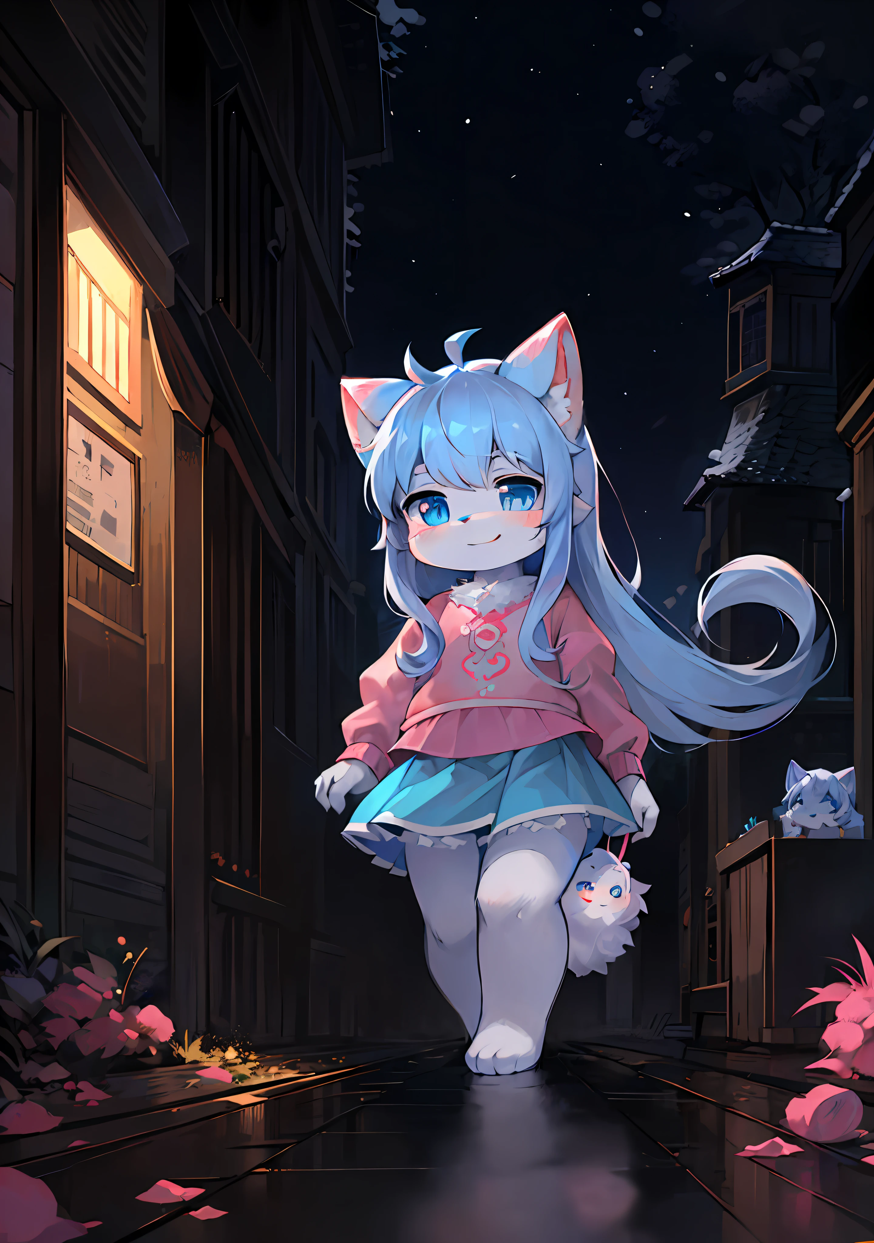 Furry  girl，Fluffy tail，blue color eyes，Emphasis on white fur，Delicate fur，Cute toddleShort pink skirt，Young，Petite and cute emphasis，Walking posture，Detailed characters，A smile on his face（1.2），Pink meat pad，Enhance long-haired animals（1.2），the night，borgar（1.1）。