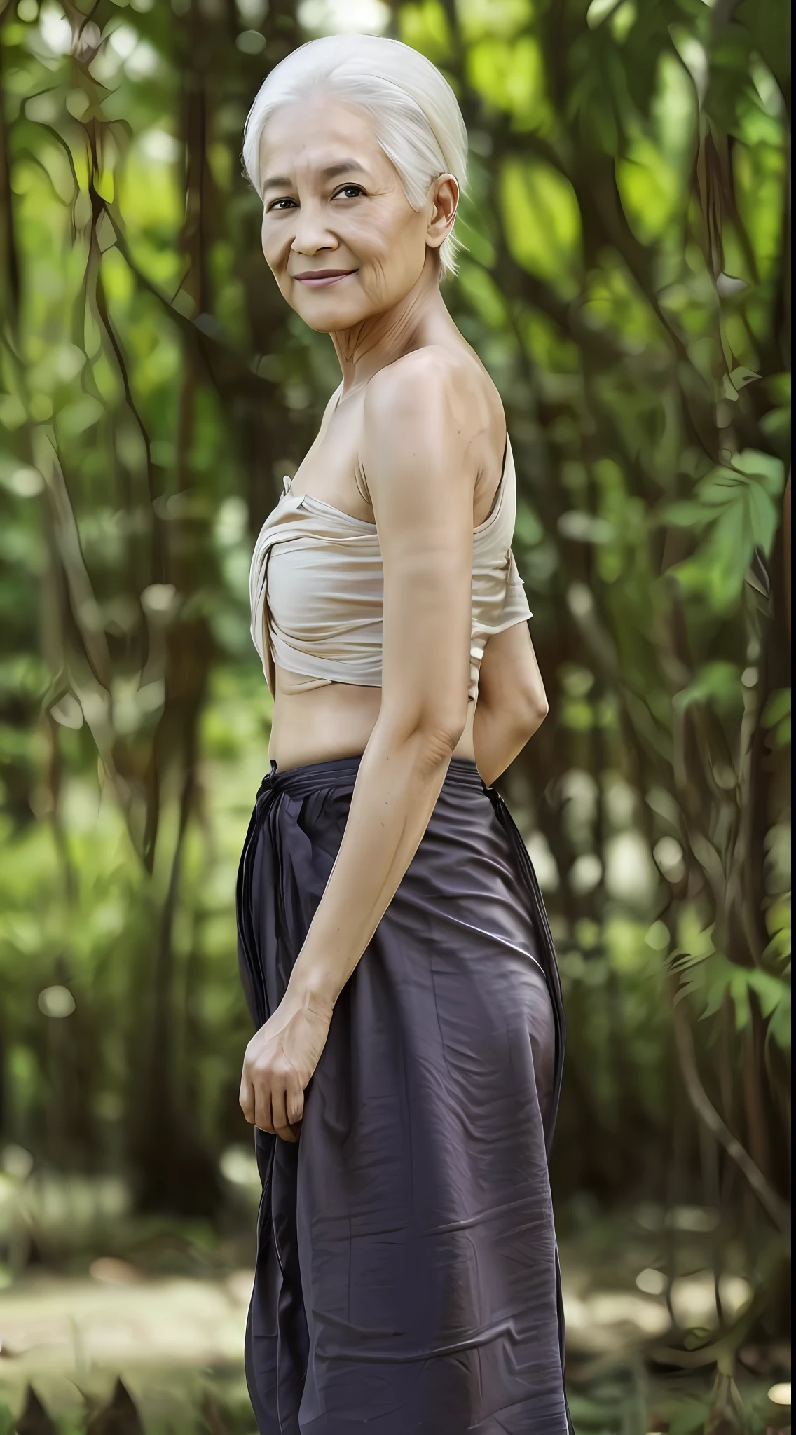 Age 60 years, The woman's old.., single, (master-piece), (photorealistic portrait), ultra-detail,(Fine skin details),(best),(super fine),(bestquality),(ultra-high resolution),(10, RAW photo),(soft focus), Contrapposto, (Realistic), Physically Based Rendering, 10, Smiles, I am fine.,White Hair, I'm real.., realistic shadow, Realistic lighting, Close-up to face,((portrait:1.3)), (navel), Thai slave suit, (Dark brown Thai slave pants), (Thai slave tights),