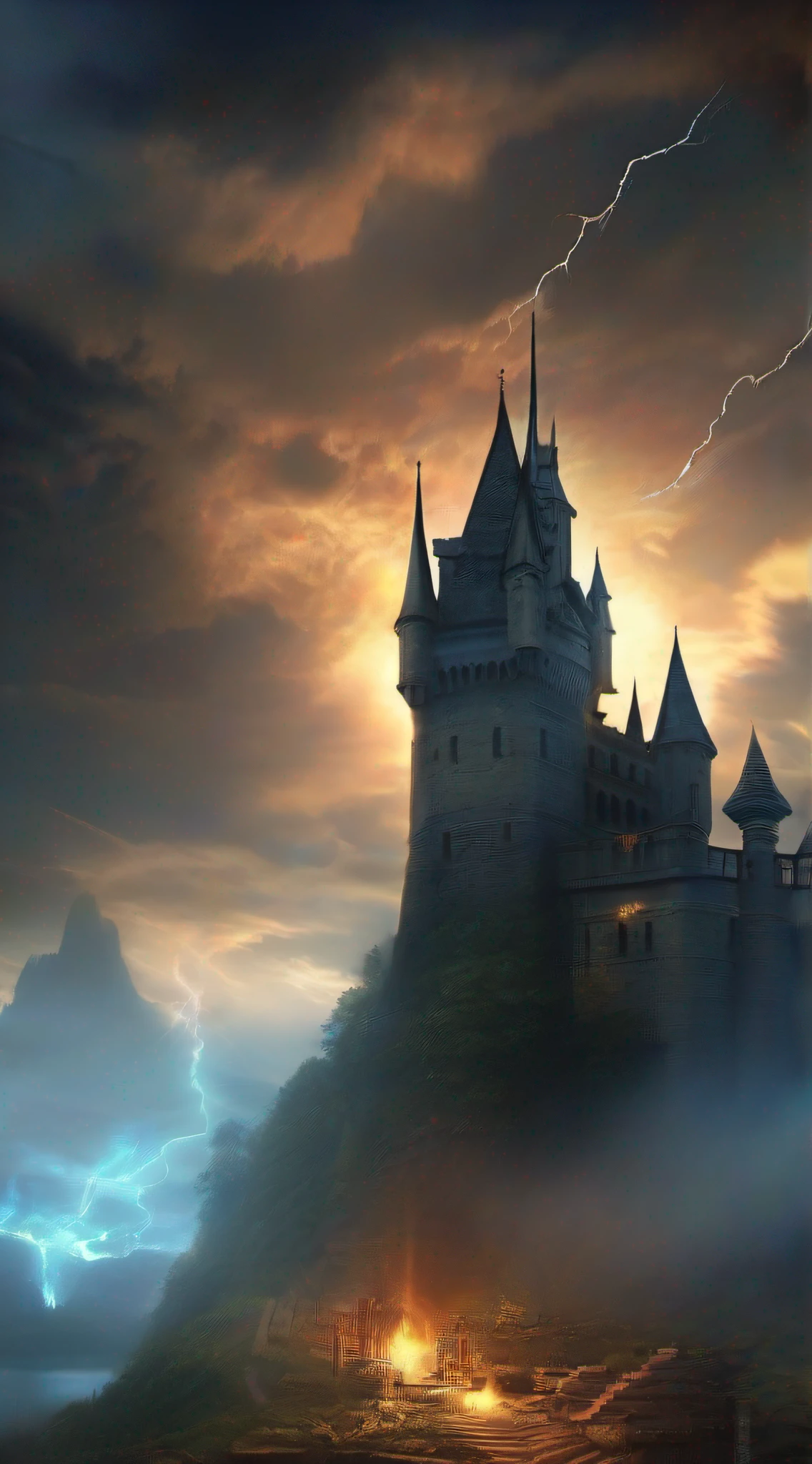 gloomy castle、Abandoned castle、a dark night、Many lightning bolts、blue lights、pale light、war、blue fire、Smoke、shadowy、dark clouds、Emerging from the thick fog、masterpiece、ultra-definition、Single focal length
