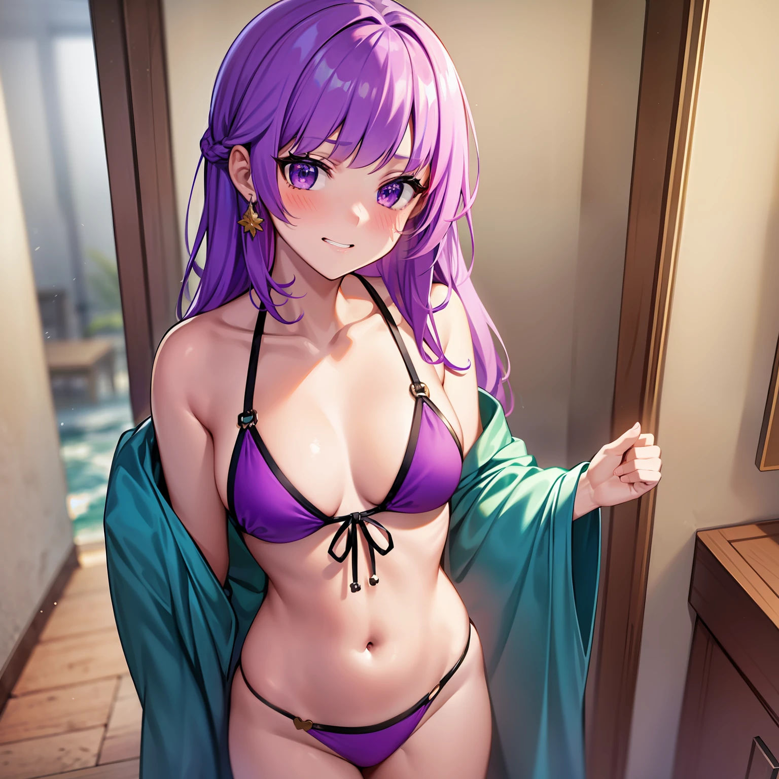 Bikini, standing, 1 girl, 8k, High Quality, looking at viewer, medium bust, chest length hair, purple hair, blushing, embarrassed