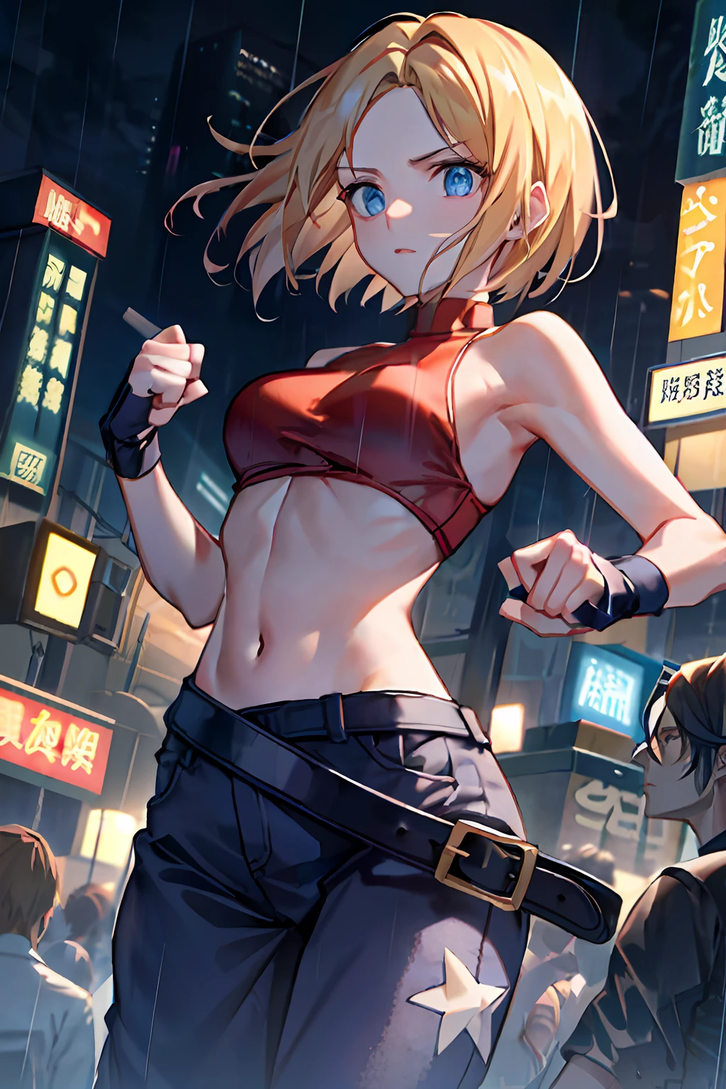 maryms,Best quality,(Beauty),Masterpiece, 1girll,physically-based renderingt ,超高分辨率,Narrow waist, Skinny,Big eyes,Long legs,(Small breasts),Puffy eyes, Night,(rainy city), Shiny skin, facingviewer, Fighting stance, (hold fists),Firm expression,