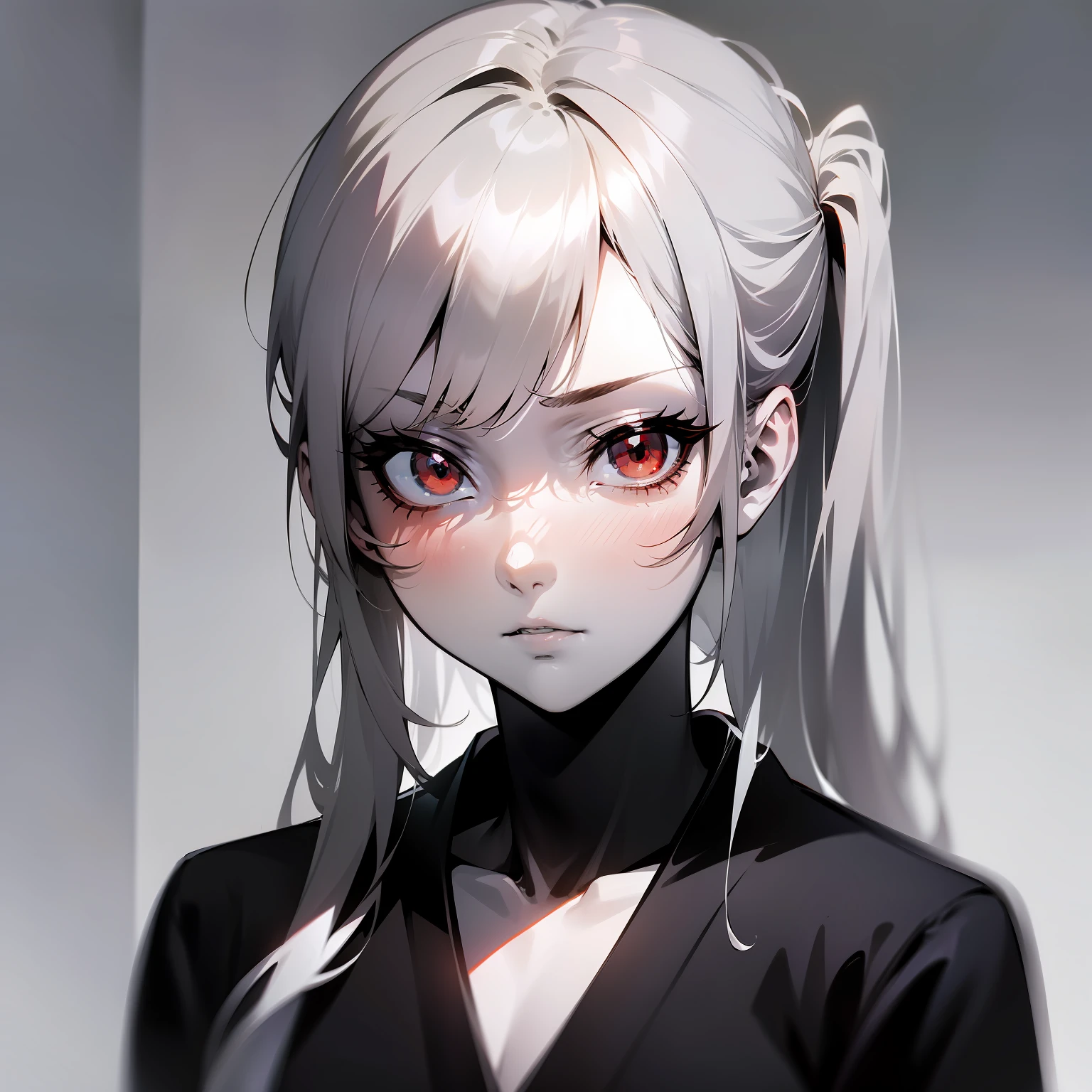 (Japanese anime, slender, glossy, light and shadow, shadow, tsundere style), best image quality, silver hairstyle, red eyes, white shirt, monochrome background.