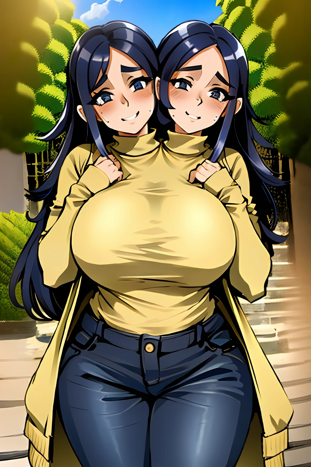 2heads, a short chubby woman with 2 heads. She has gigantic breasts. She is outside in a village in a sunny day. She looks happy. She is blushing. Her breasts are immense. She is wearing a sweater and jeans. She has long hair. Her nipples are visibly huge and erect, and can be seen poking through her sweater. She has gigantic breasts.