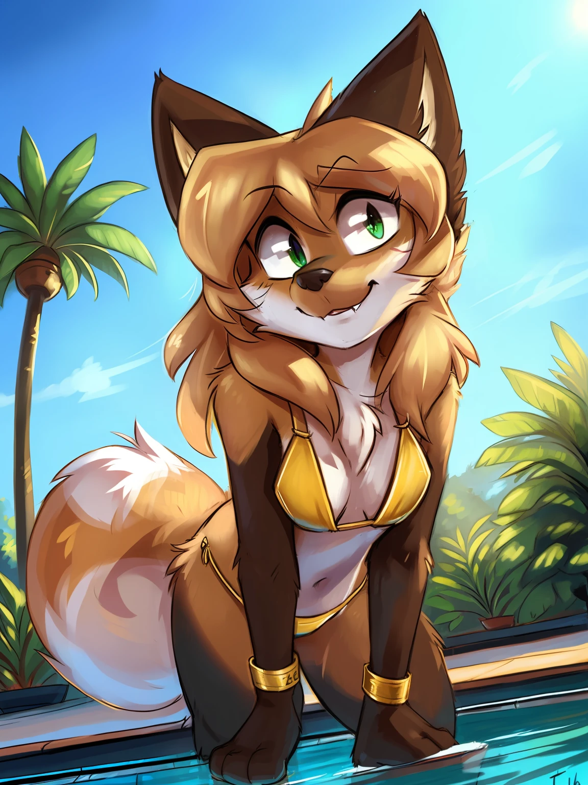 by fluff-kevlar, by Zackary911, by Kenket, by Kilinah, by fluff-kevlar, averi, fox girl, big chest, day, sexy, sensual, detailed, uploaded to e621, beautiful and detailed portrait of an anthropomorphic vixen ((woman))), uploaded to e621, movie lighting, wear (((golden wristband and jewelry and golden bikini))), (detailed averi), (detailed lighting),(detailed fur), (detailed breasts), (detailed skin), BREAK, ((standing at hotel suite outdoor swimming pool with plant on sunny day)), (cinematic lighting), ((detailed background)), ((depth of field)), (half body shadow), ((looking at viewer)), (low-angle view), ((three-quarter view)), [backlighting], [detailed ambient light], [gray natural lighting], [ambient light on the belly], [realistic proportions], [explicit content, adult, nsfw], [sharp focus], (questionable content), (shaded), (hi res), ((masterpiece)), half-closed eyes,  bent over, leaning forward