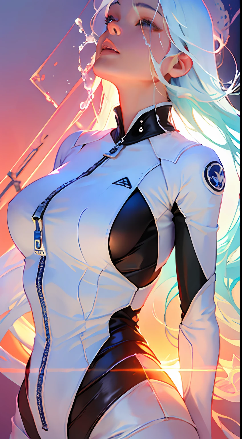 8K resolution, refined features, perfect face, glowing skin, high detail, latex_bodysuit, creamy white mucus body, enveloping the whole body, transparent liquid texture, sexy,busty,upright_straddle, sunrise, water, side view