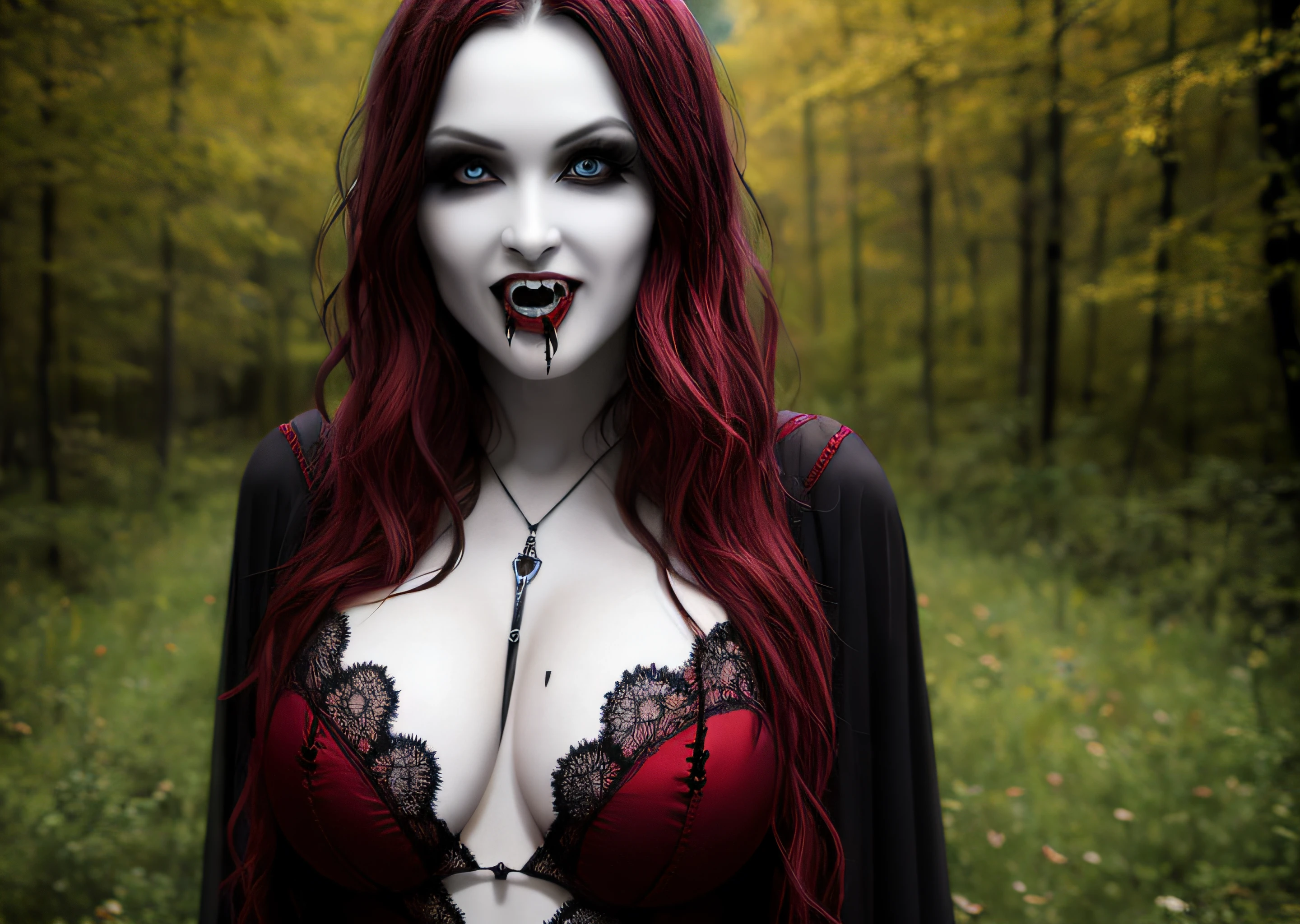 RAW photo of a caucasian vampire woman,long hair,masterpiece, sharp, ultra detailed, 8k, ((soft dimmed light)), old castle background,perfect teeth, details lips, one woman, dungeon ,angle view, best quality, (high detailed skin:1.2),8k uhd, dslr, soft lighting, high quality, film grain, Fujifilm XT3, intricate detail, make up ,(fang), full body, lingerie, blood, red eyes