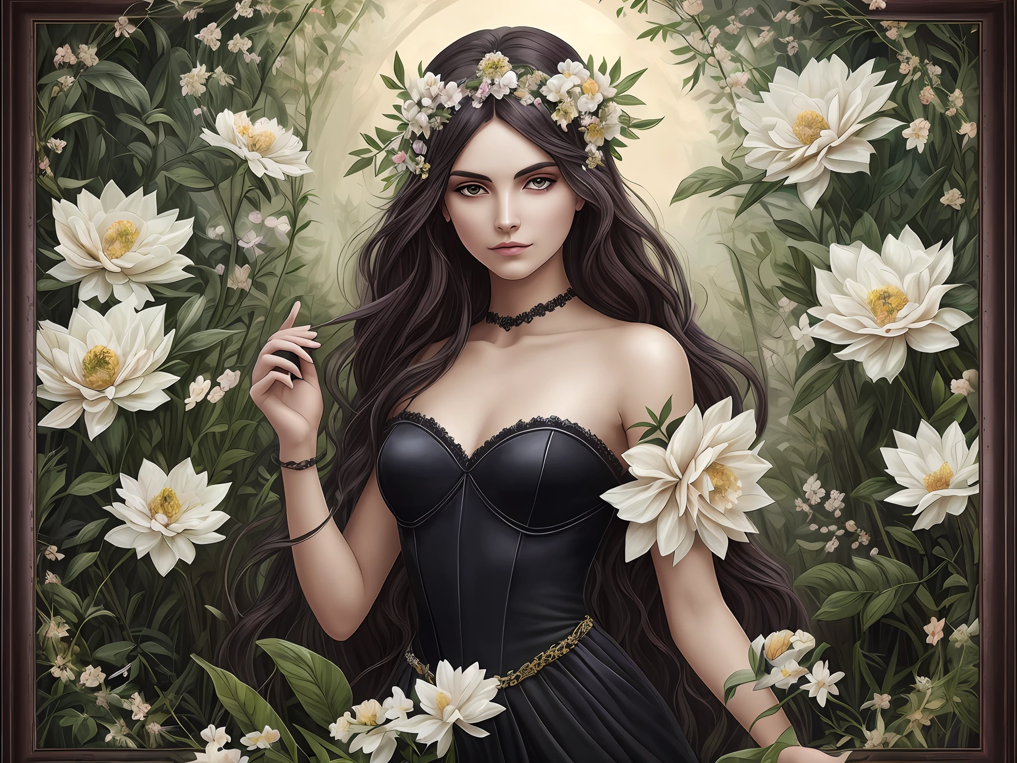 (digital painting),(best quality), 1 Persephone, the Greek goddess of the underworld, has a slender, ethereal figure, radiating a mysterious elegance. Her face is graced with deep, penetrating eyes, framed by arched brows. Her dark wavy hair flows like the night itself. She wears a majestic jet black gown that evokes the darkness of her kingdom. Her accessories include a headband of white flowers, symbolizing her connection to spring. She finds herself in a landscape of contrasts, between the sumptuousness of the underworld and the renewal of nature, where flowers emerge from the shadows. There, Persephone exercises the double role of her as sovereign of the dead and as a donor of life to the earth. --auto --s2