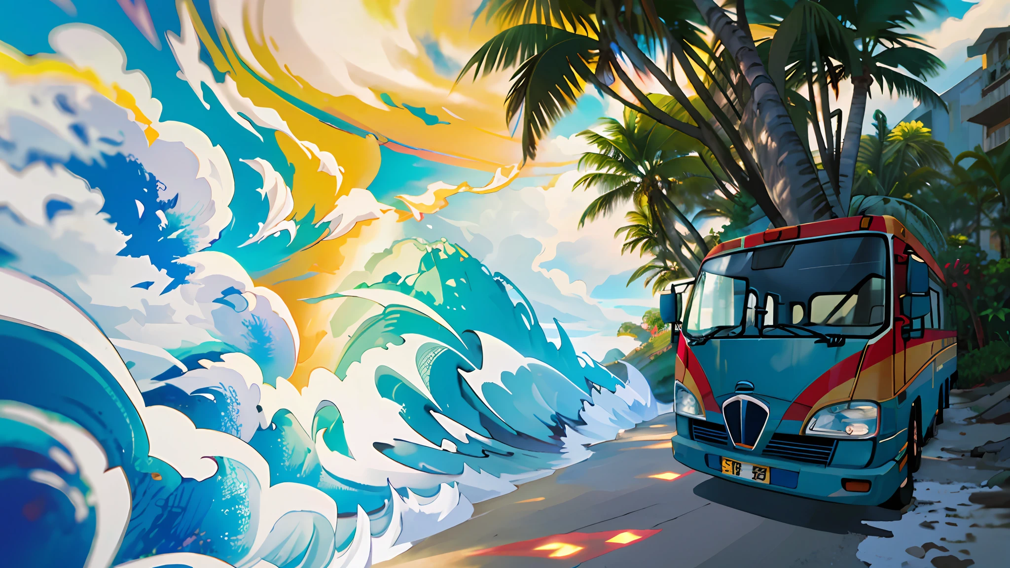 Bus on the road in beach side, for business card, beach, coconut tree, Ultra-high definition 2D art, 2D animation style, soft and delicate depiction, attention also on the bus, landscape mode, colorful, multiple colors, graffiti art