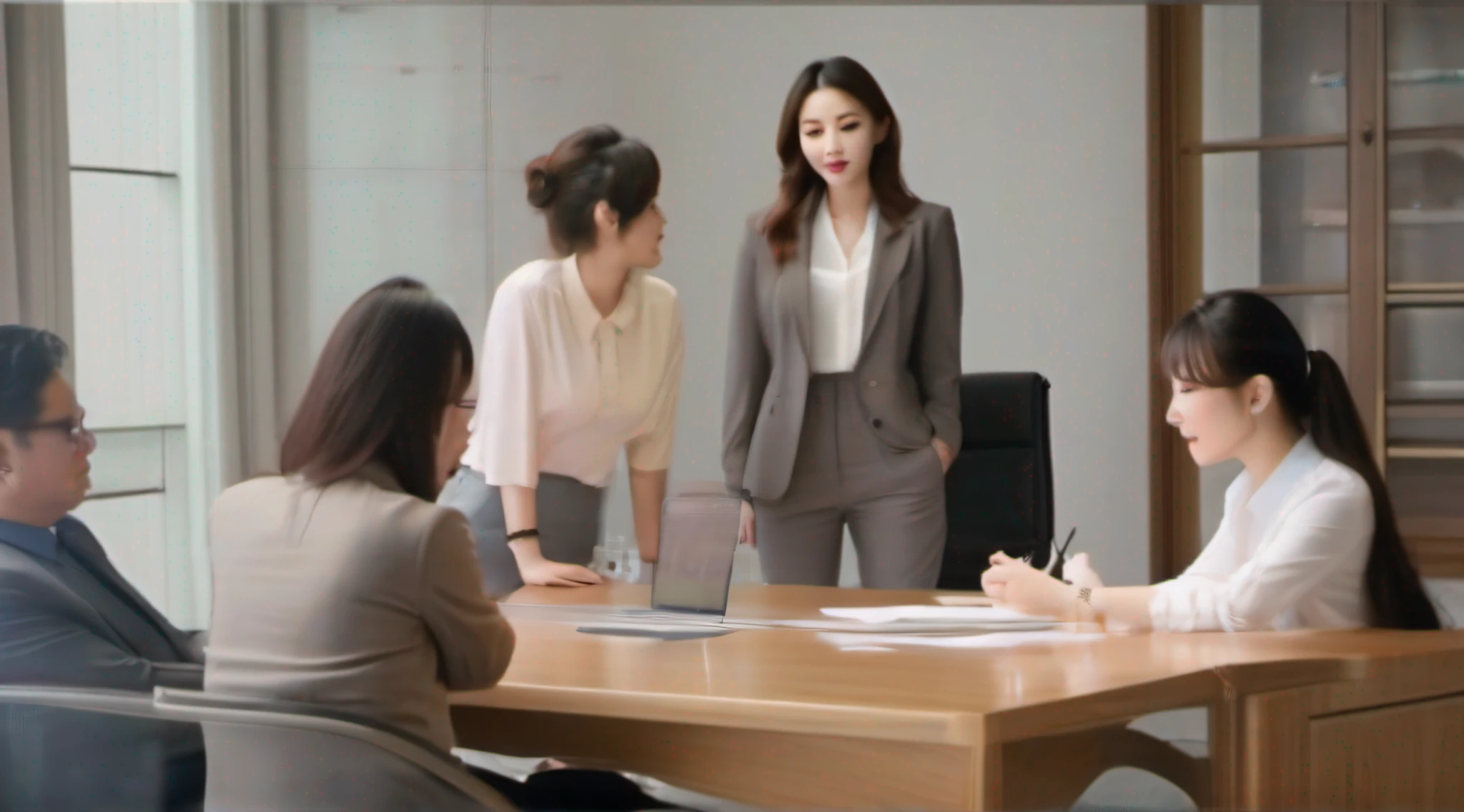 (raw:1.3, masterpiece:1.3), ultra high res, high detail,multiple beautiful korean female discussing at meeting table,all faces and hairstyles must be different,gigantic breasts,huge breasts and fat buttocks ，cleavage,they are wearing casual office wear that accentuates the curves of the body ,wearing simple jewelry,atmospheric perspective