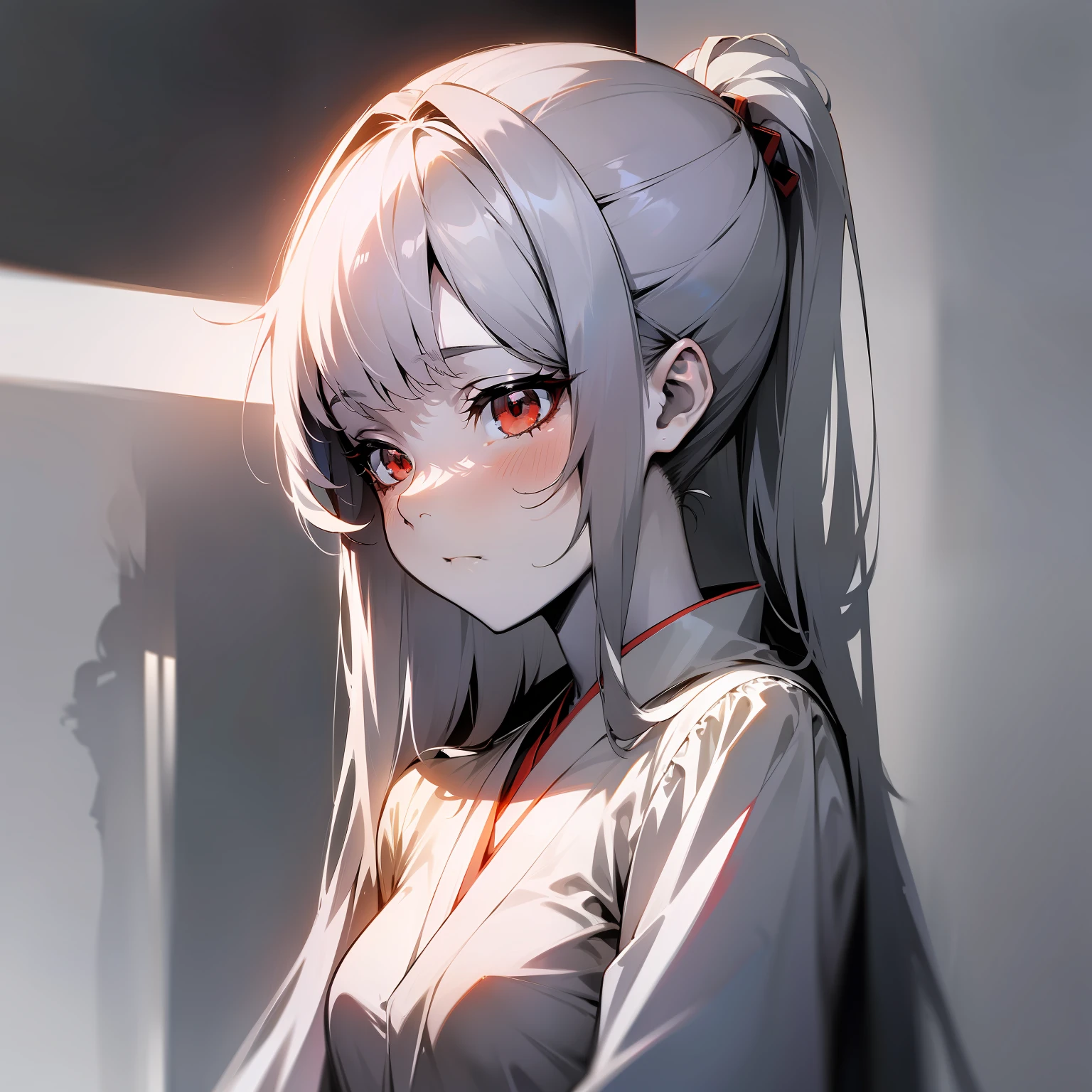 (Japanese anime, slender, glossy, light and shadow, shadow, tsundere style), best image quality, silver hairstyle, red eyes, white shirt, monochrome background.