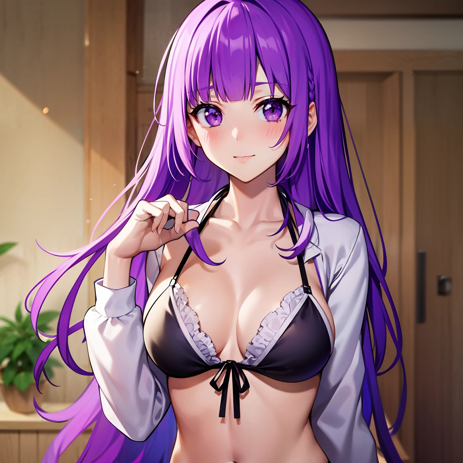 Bikini, standing, 1 girl, 8k, white shirt, High Quality, looking at viewer, medium bust, chest length hair, purple hair, blushing, embarrassed