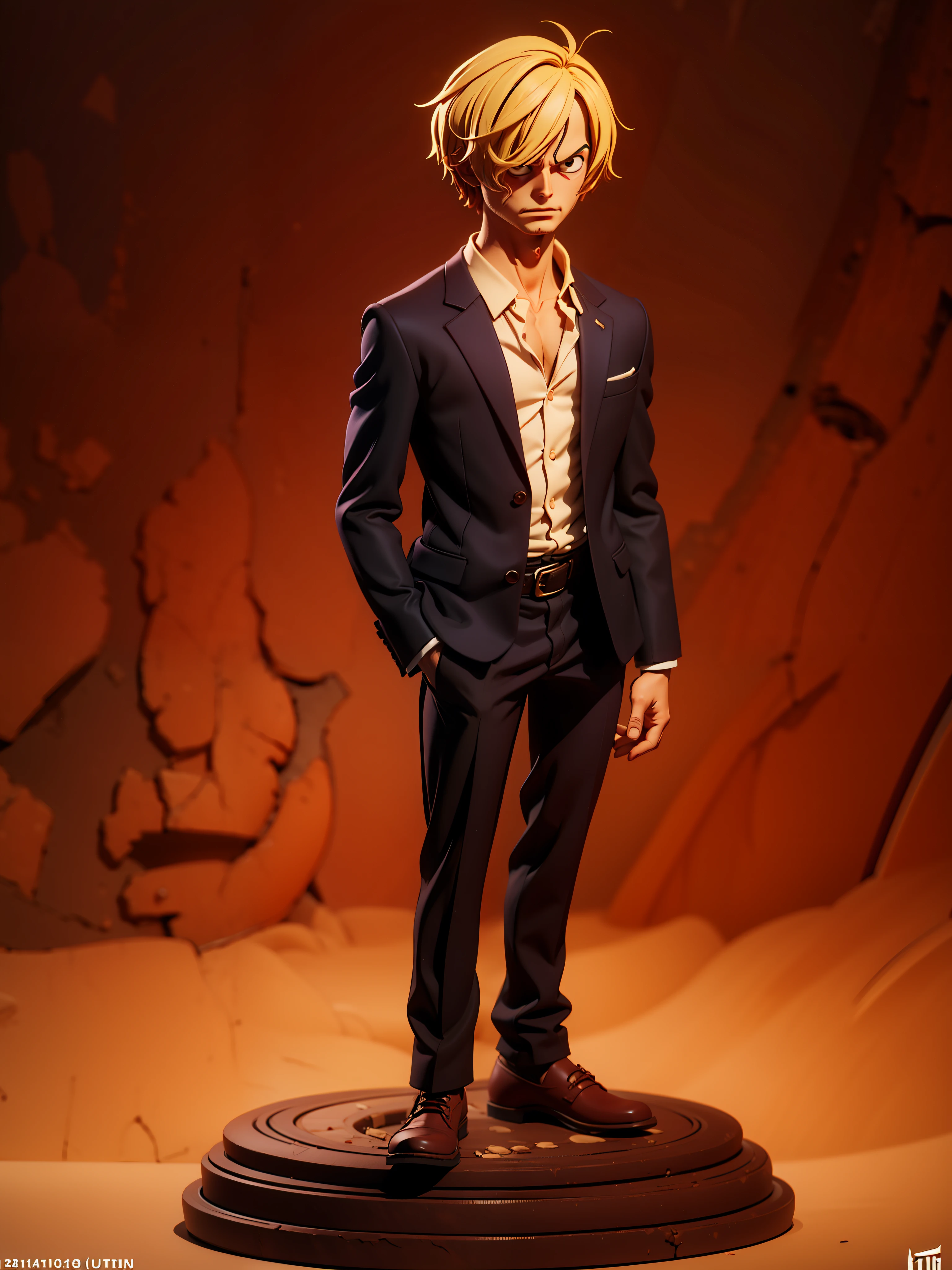 masterpiece, best quality, ultra-detailed, adult Sanji, 1boy, solo, Full body, wearing suits, detailed face, day, full body, male focus, perfect hands, chibi style, figure, action figure