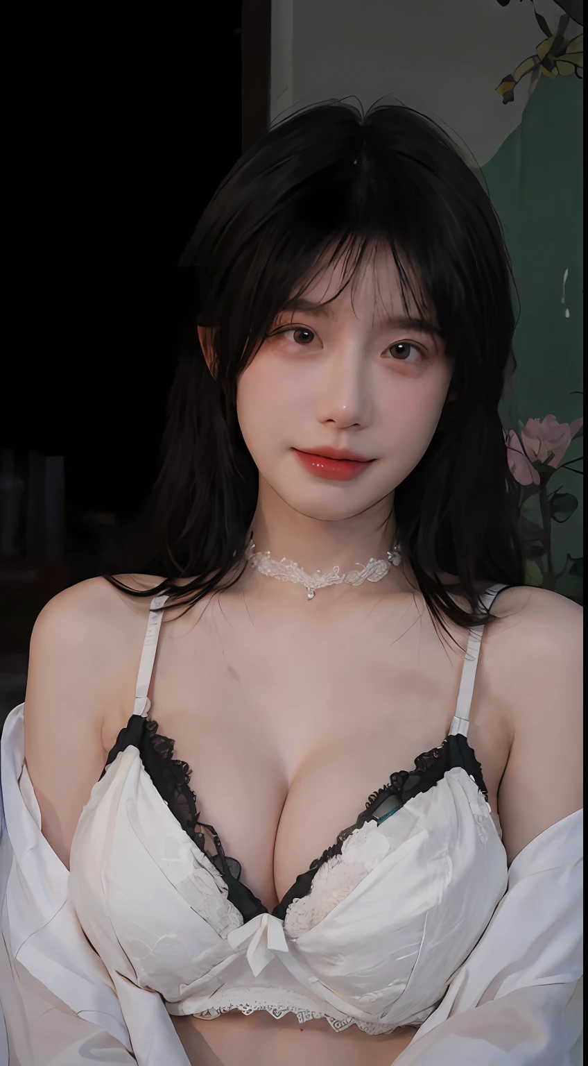 best qualtiy， 超高分辨率， （realisticlying：1.4）， A girl， A pair of clear and moving peach blossom eyes,Royal Sister，with long coiled hair，（chies：1.4），（choker necklace：1.2）（Fair skin：1.2），（full bodyesbian：1.2）a sense of atmosphere，a beauty girl， ssmile，head straight-looking at viewer， closeup cleavage ，(Photorealistic:1.4),1girll,Sexy,(Black lace bra:1.4),(Big breasts:1.9),(Upper body:1.4),(Wet body),(:1.2)