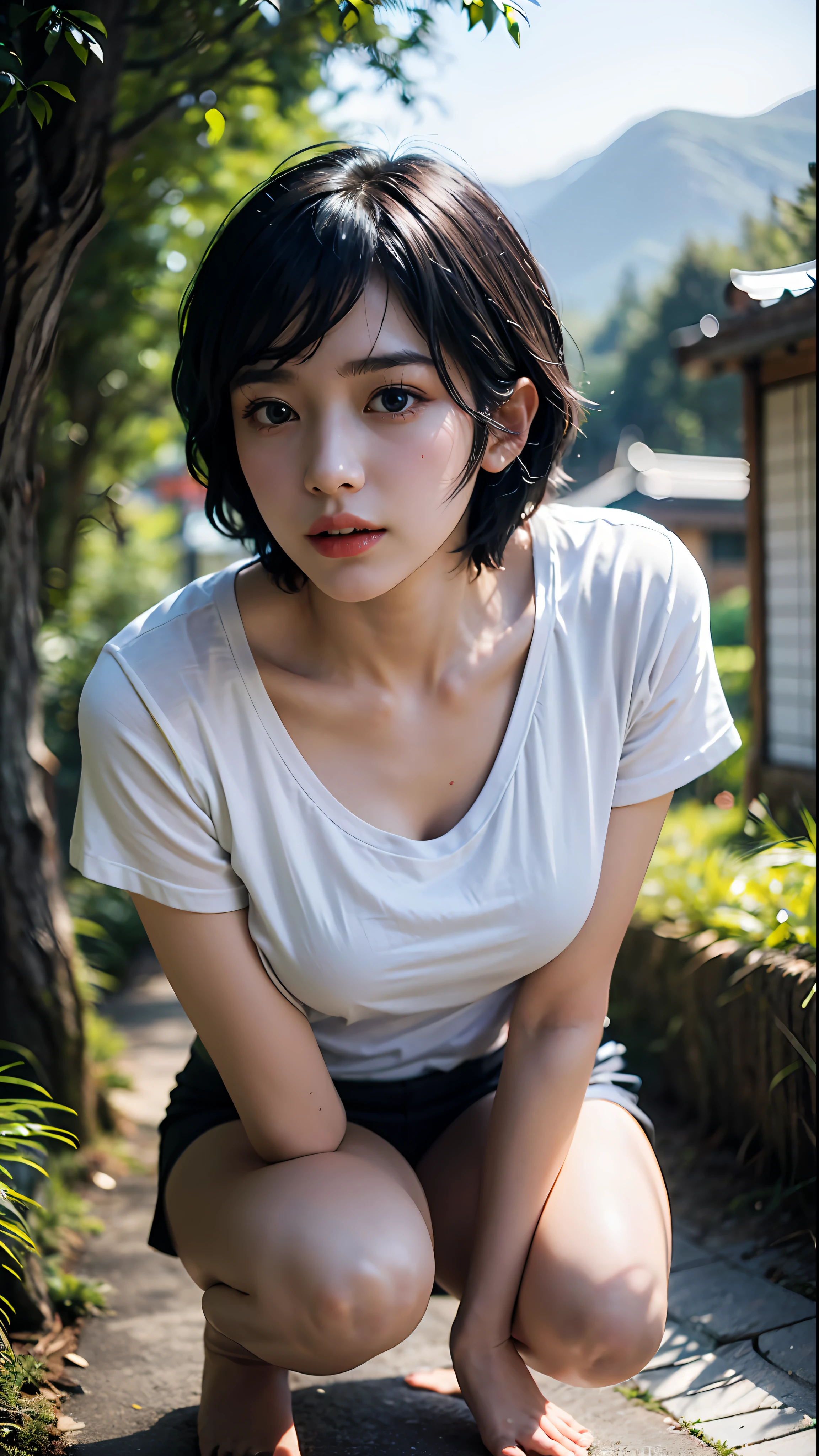 (Best quality, 8k, 32k, Masterpiece, UHD:1.2),Photo of Pretty Japanese woman,black short hair,beauty face,(leaning forward:1.3),squatting,(from above:1.2),(close up:1.4),pov,loose t-shirt,large breasts,(beautiful nipple slip:0.9),outdoors,windy,shiny skin,blurry background,