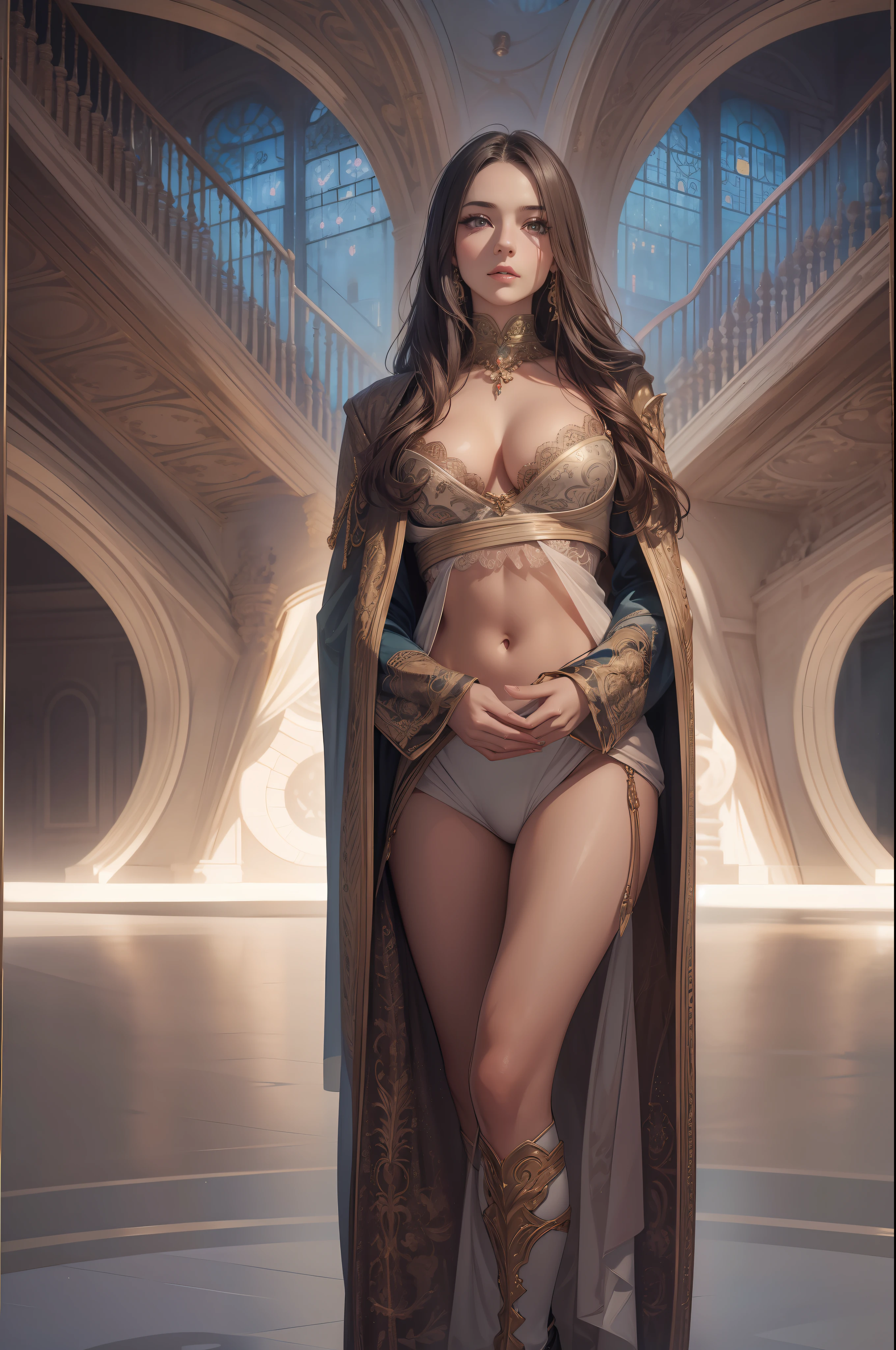 Model woman posing, Very beautiful 20 year old woman, The background is a room in the museum, Very long hair, Open chest costume, Gradient Eyes, Seductive makeup, Show Lighting, , One-person viewpoint, canon, nffsw, retinas, masutepiece, ccurate, Anatomically correct, Textured skin, Super Detail, high details, High quality, awardwinning, Best Quality, hight resolution, 1080p, hard disk, 4K, 8K, 16 K