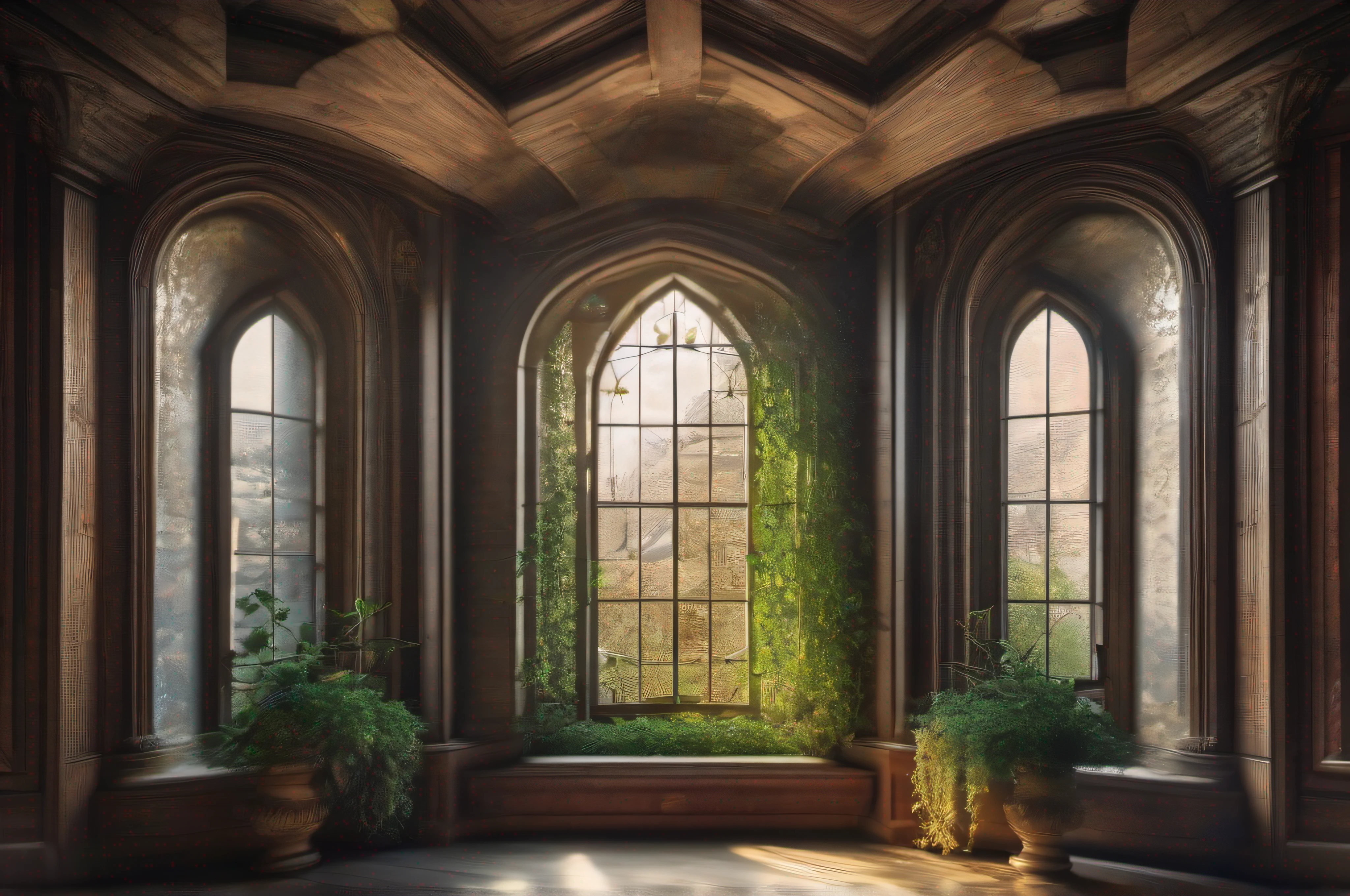 a view of a window with a plant in a vase in front of it, photo of a beautiful window, atmospheric beautiful details, stunning arcanum backdrop, gothic interior, floral environment, open window ib background, gothic church background, dramatic backlit window, atmospheric fantasy setting, gothic atmosphere, window, beautiful mattepainting, gothic mansion room, large window, gothic background