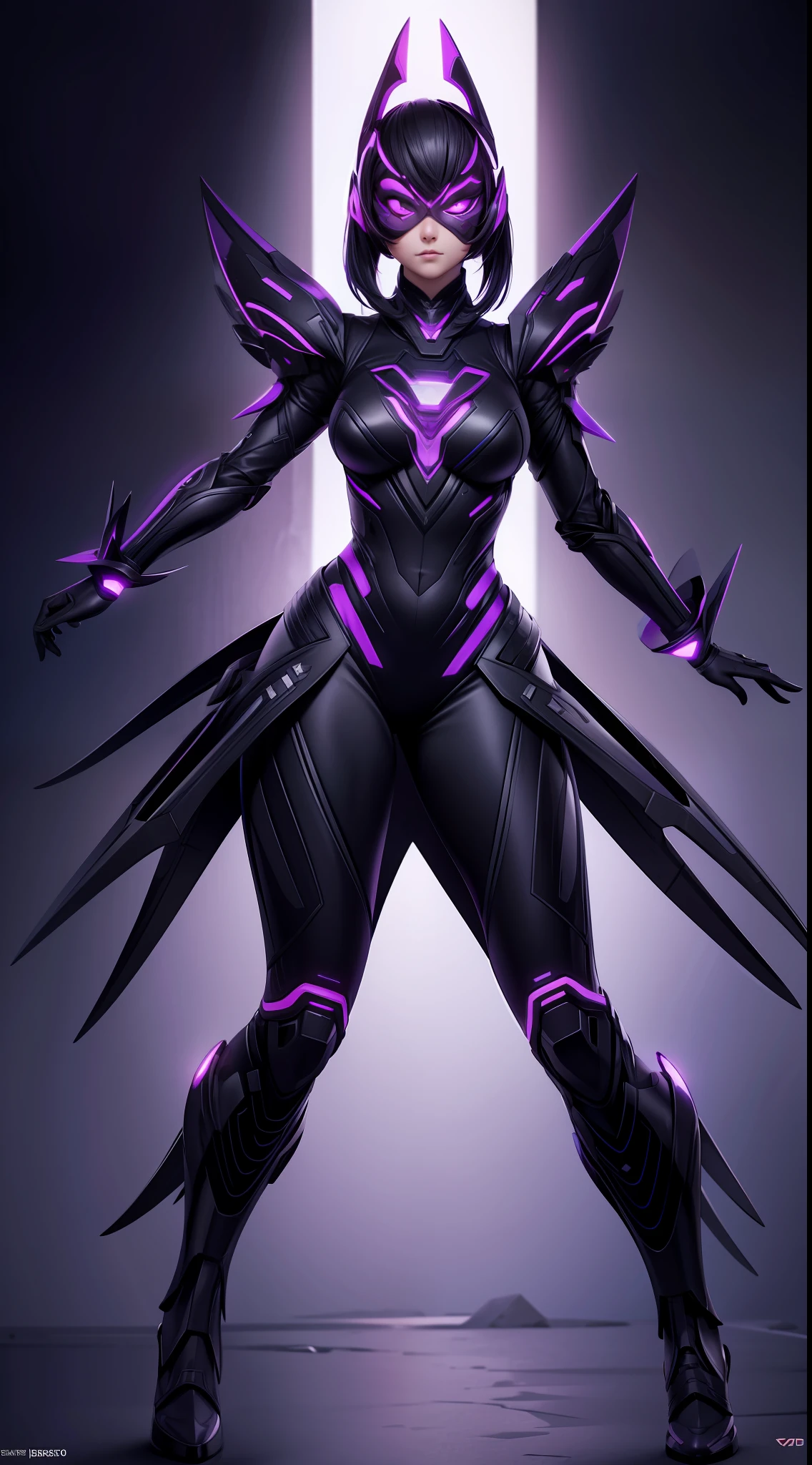 solo, super fine photo, full body picture Unreal Engine 5 8K UHD of a girl, wearing futuristic black tight battle suit with dress, full face mask, futuristic neck collar, purple light details, gloves with purple light claws, dark makeup, best quality, masterpiece, unified 8k wallpaper, super detailed, sharp focus, dynamic pose