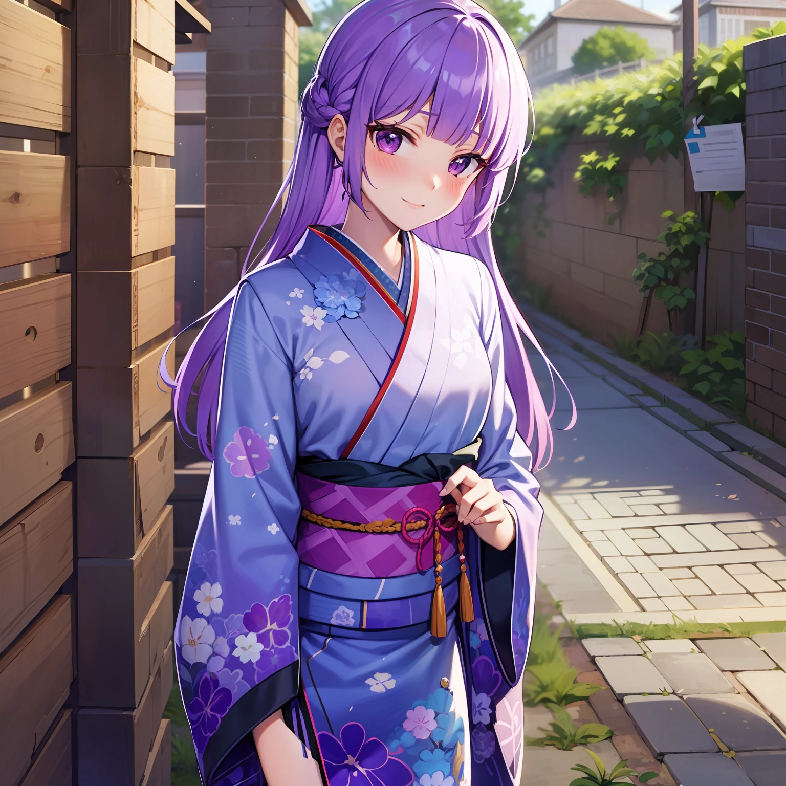 Kimono, standing, 1 girl, 8k, white shirt, High Quality, looking at viewer, medium bust, chest length hair, purple hair, blushing, embarrassed