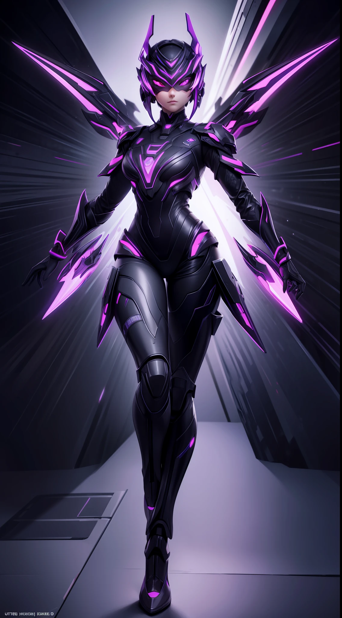 solo, super fine photo, full body picture Unreal Engine 5 8K UHD of a girl, wearing futuristic black tight battle suit with dress, full face mask, futuristic neck collar, purple light details, gloves with purple light claws, dark makeup, best quality, masterpiece, unified 8k wallpaper, super detailed, sharp focus, dynamic pose