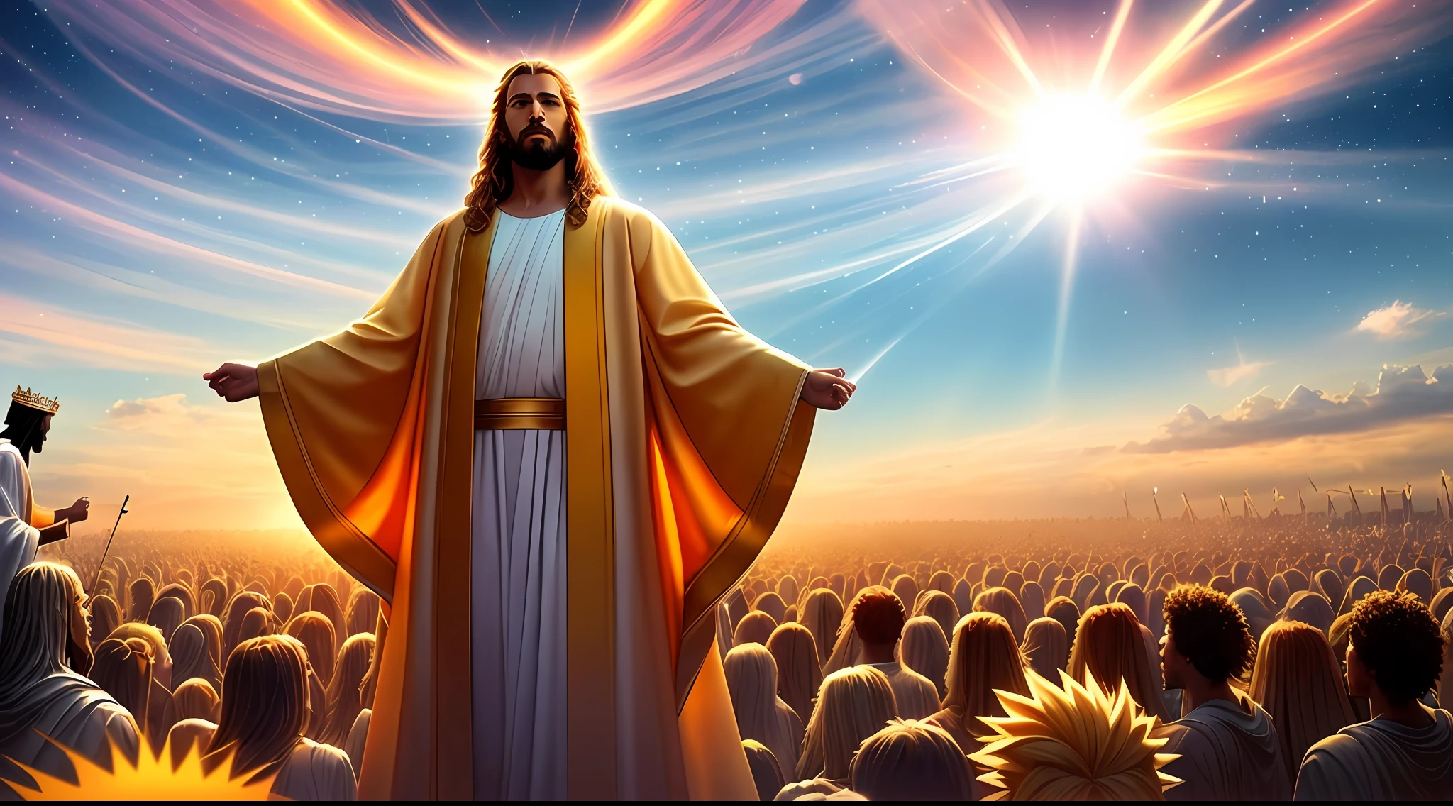 a close up of a man in a crown standing in front of a crowd, The God Emperor of Humanity, King of Kings, Jesus Christ Going Super Saiyan, Dressed as Jesus Christ, Young God Almighty, god emperor, Portrait of the Emperor of Humanity, God of the Sun, Second Coming, Black Jesus, Jesus Christ, many crowns!! over your head, glowing eyes, surrounded by angels, cinematic sky backdrop, ultra realistic image, 8k