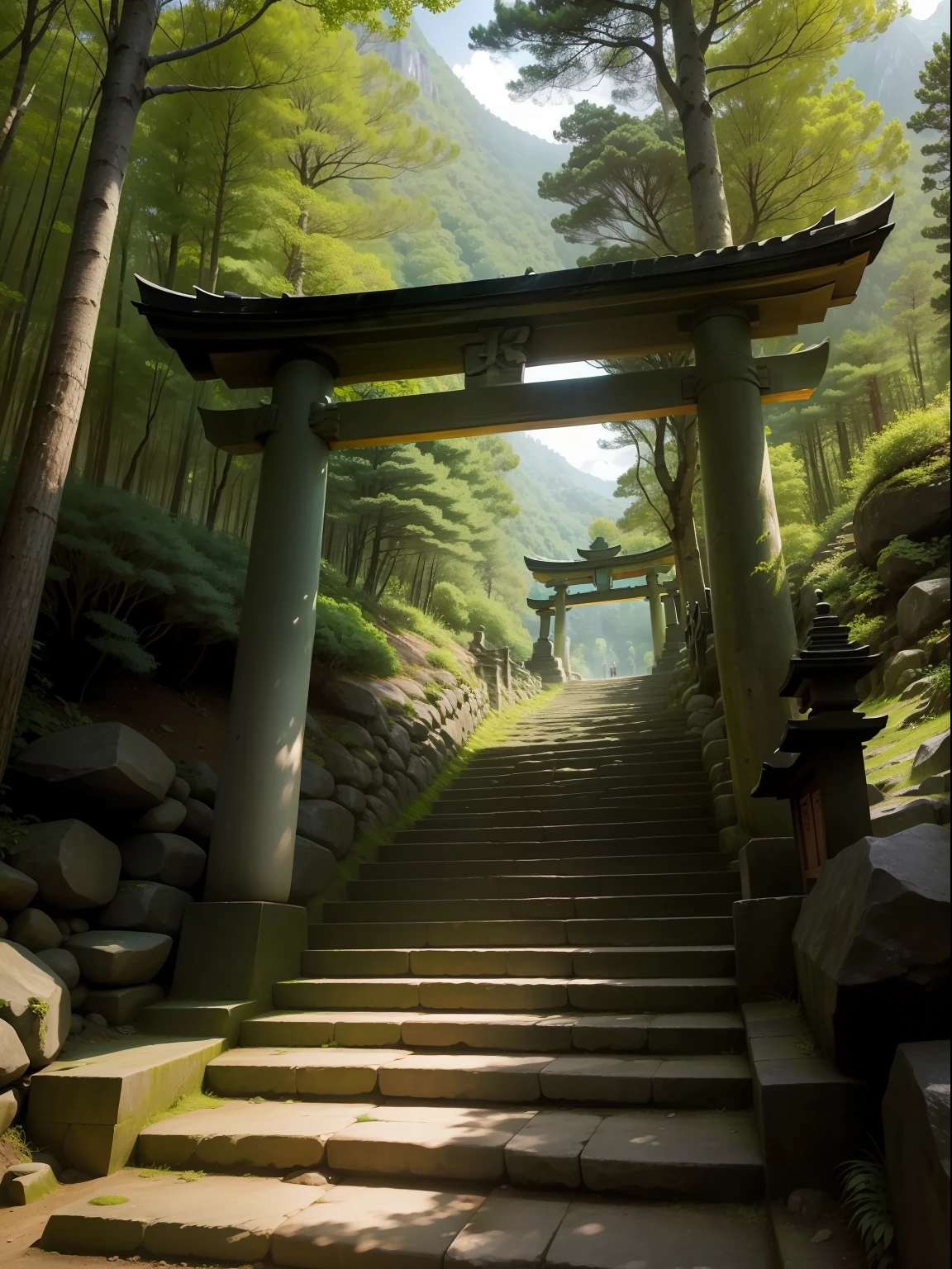 Stone steps lead to the sky，Look up，Torii，the dark forest，Narrow stone steps，Shade roads，Green trees，The road is rough，The mountain path leads to the summit，