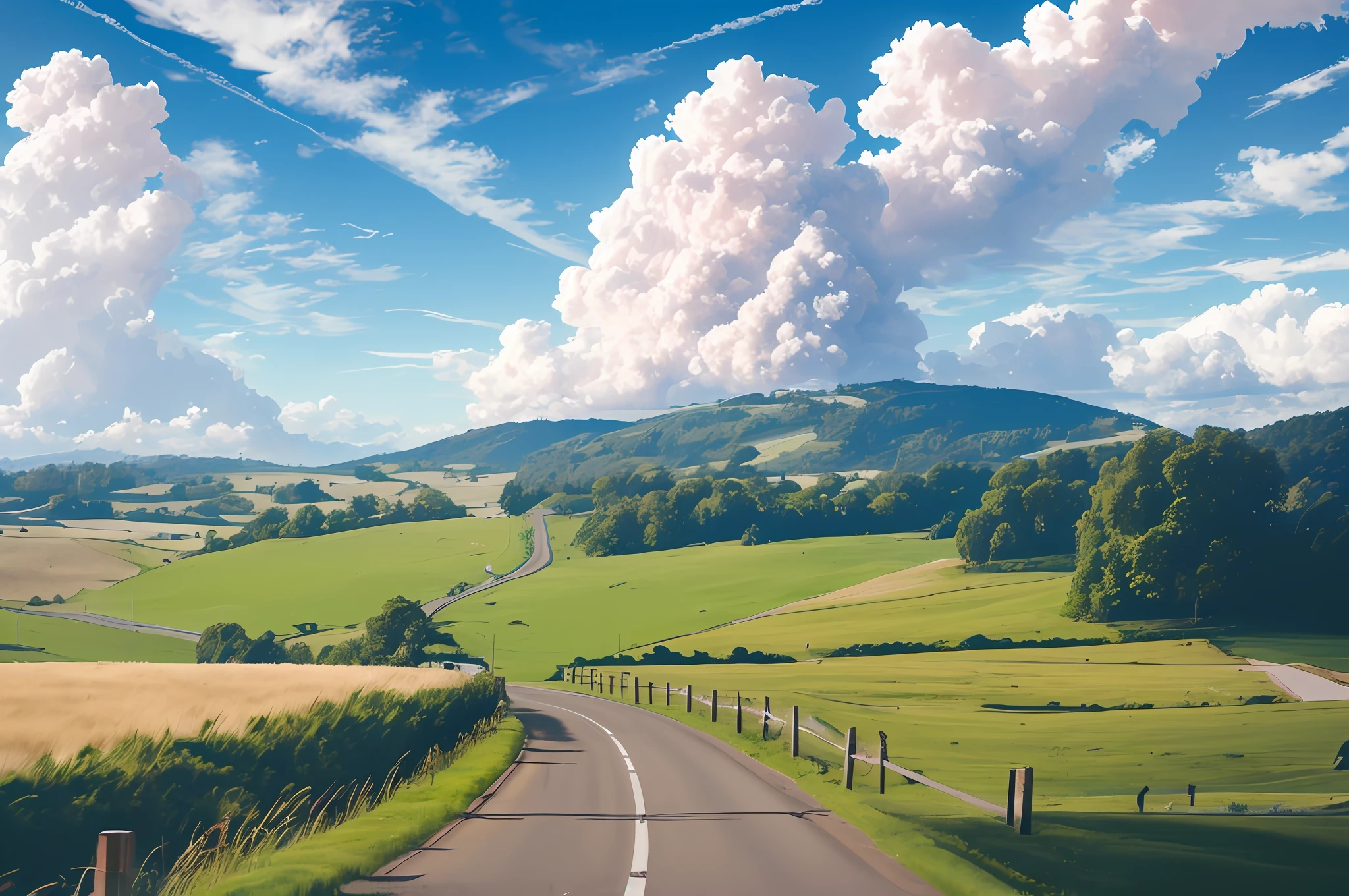 blue sky bush cloud cumulonimbus cloud day grass mountain no humans road road sign rural scenery sign sky summer sun tree