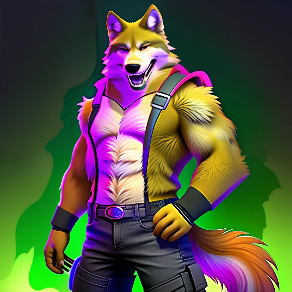 a close up of a person in a linge，There are furry animals on the body, muscular werewolf, Furry character, anthropomorphic wolf male, angry high moral sexy werewolf, furry wolf, an anthro wolf, As a character in Tekken, anthropomorphic wolf, furry character portrait, fighting game character, fox mccloud, hairy chest, an anthropomorphic cyberpunk fox，A wolf in a jacket and jeans，（独奏：1.2）malefocus，musculous，big muscular male，Ultra photo realsisim，+ Cinema lenses + dynamic compositions，incredibly detailed，Sharpen，the detail +superbly fine details，hairy chest, thick furry neck and chest fluff, hairy bodies, generic furry style, detailed full body，full body detailed，highly detailed whole body，blue colored eyes，whole body picture，full body shooting hyper detail，hairy bodies， Hairy head，Golden pupils，Dog boy， tmasterpiece，best qualityer，独奏， trouser，Detailed fur，fluffly，coda，Furry male wolf, malefocus, (Full Body Furry, Fluffy tail）hairy chest，eyes with brightness, in a panoramic view, Character focus.(detailedbackground:0.7), 独奏, shaggy male, malefocus，Muscular male wolf，Detailed characters