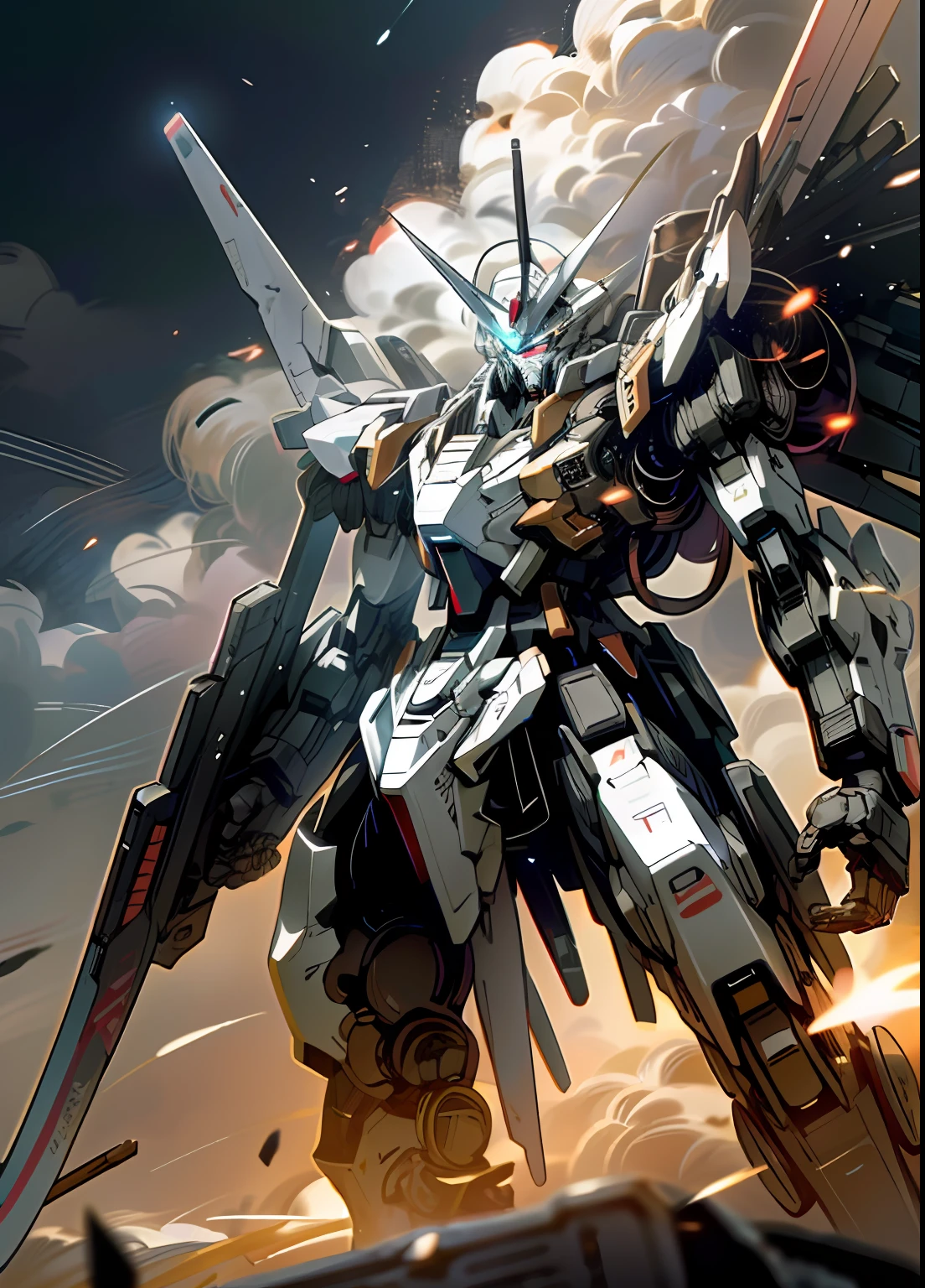 Skysky,clouds,Hold the weapon,No_Humanity,with light glowing,,droid,buliding,Glowing_Eyes,Mecha,scientific fiction,城市,Realistis,Mecha,High-burning battle scenes,gundam style,An epic masterpiece,realisticlying,in a panoramic view