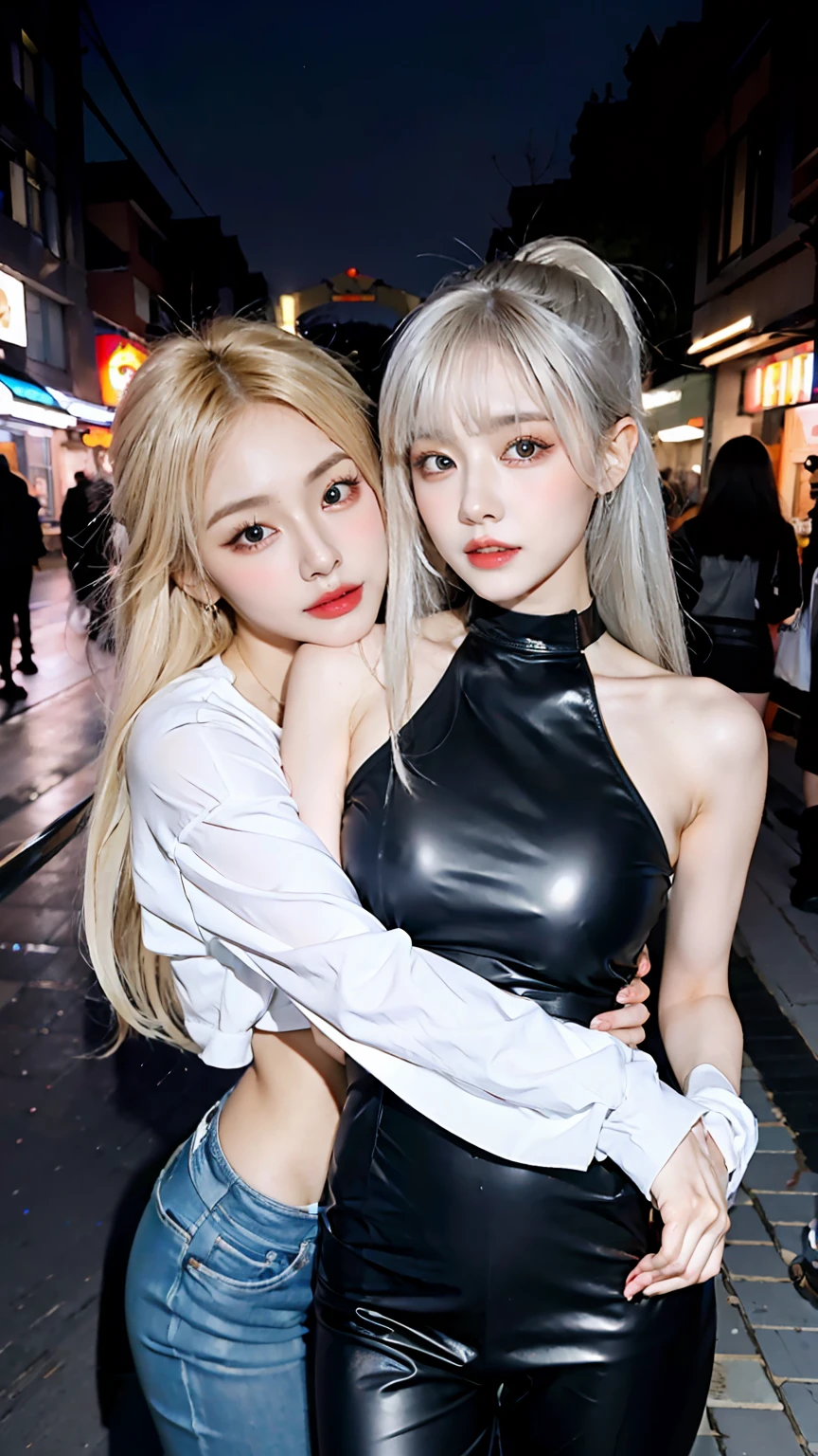 (8K)、(Top image quality:1.5)、masterpiece、Delicat eyes、delicated face、Colossal tits:1.2、、alluring face、platinum hair、Hands behind your back、Cute clothes、gals、In the street、Good friend duo、embracing each other