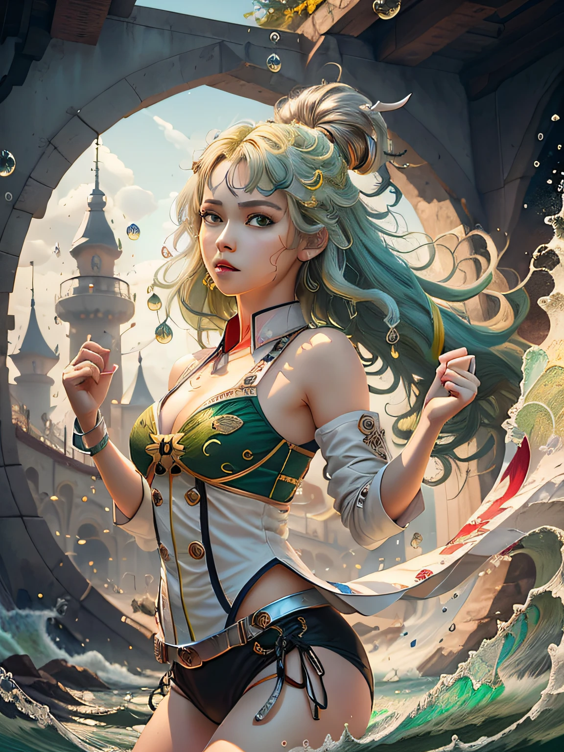 masuter piece, top-quality, ultra-detailliert, Magical Tea Party, beautiful illustration, Delicate and beautiful, Floating feeling, hight resolution, Dynamic angles, Dynamic poses, (One girl), blue eyess, (hair of Multi-colors+Silver Hair:1.3+red hairs:1.2+Purple hair+yellow hair:1.3+Green hair:1.3), White martial arts uniform, neck ribbon, beautiful countenance, Too many water droplets, clouds, dim light, wide Shots, watercolor paiting