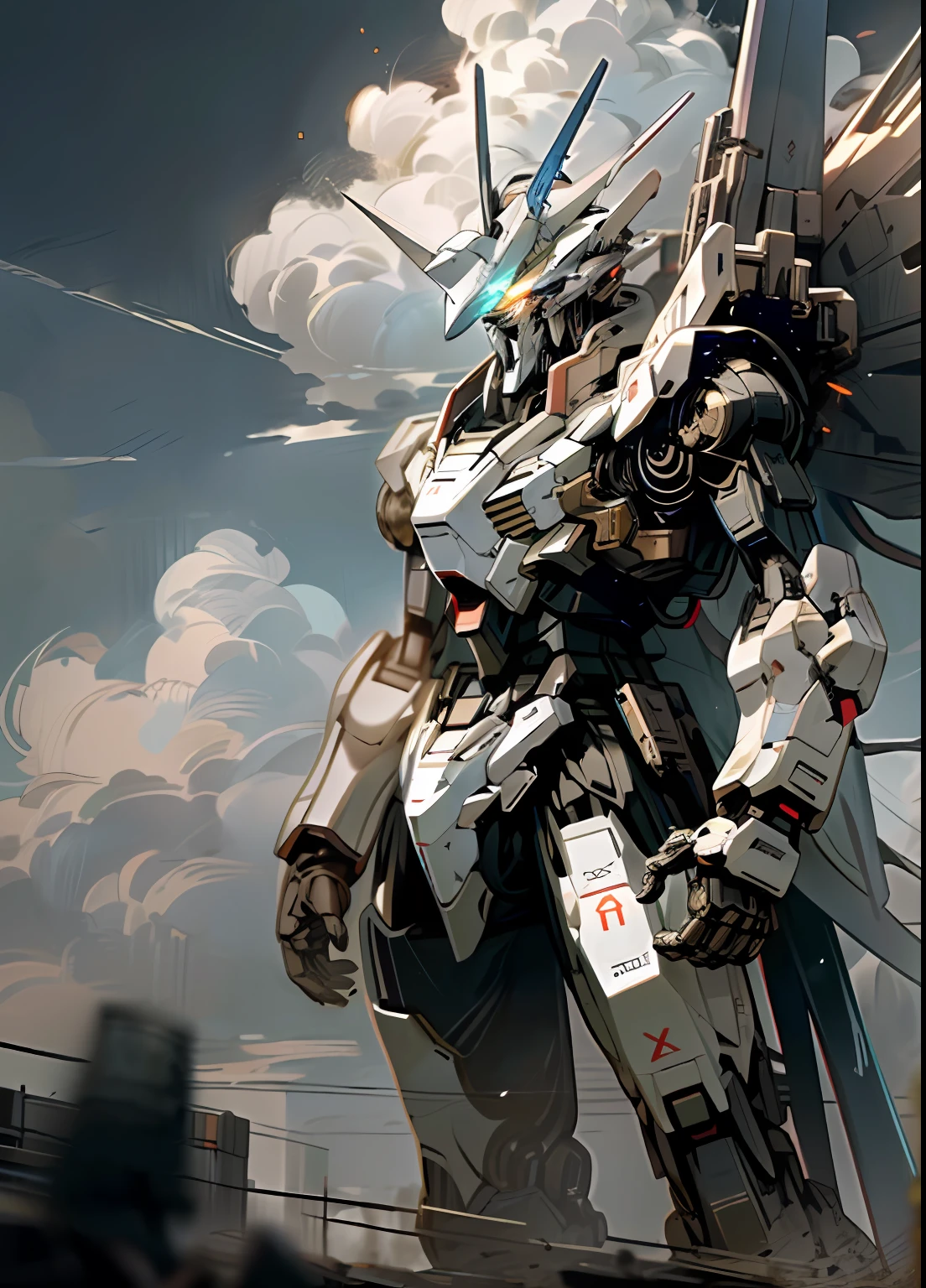 Skysky,clouds,Hold the weapon,No_Humanity,with light glowing,,droid,buliding,Glowing_Eyes,Mecha,scientific fiction,城市,Realistis,Mecha,High-burning battle scenes,gundam style,An epic masterpiece,realisticlying,in a panoramic view