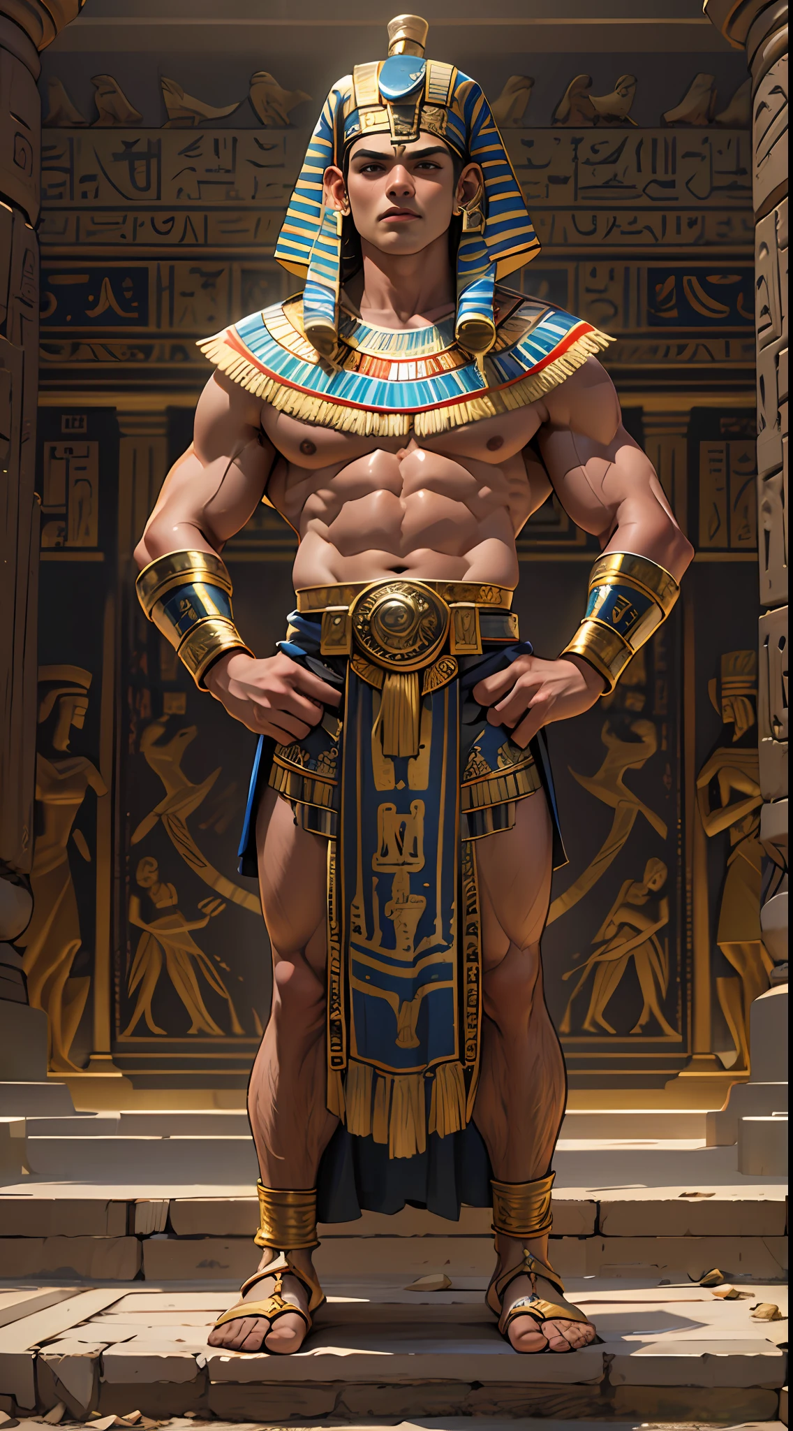 Powerful warrior, chest bared, lower body uncovered from thighs to feet, luxuriant long curls, meticulous muscle definition, photorealistic rendering, 4K resolution. Background: Ancient Egyptian temple complex,32k uhd, best quality, masterpiece, super detail, high details