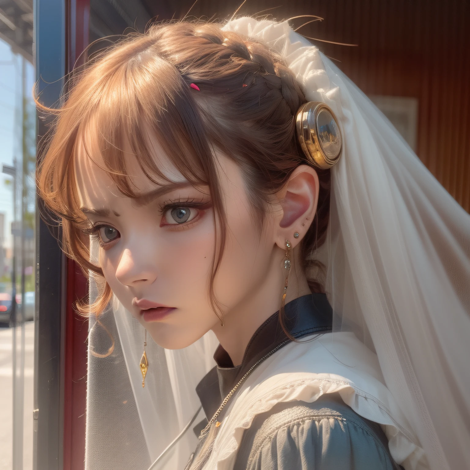messy hair, hairclip, mole under eye, earrings, angry, Surrealism, god rays, super detail, high quality