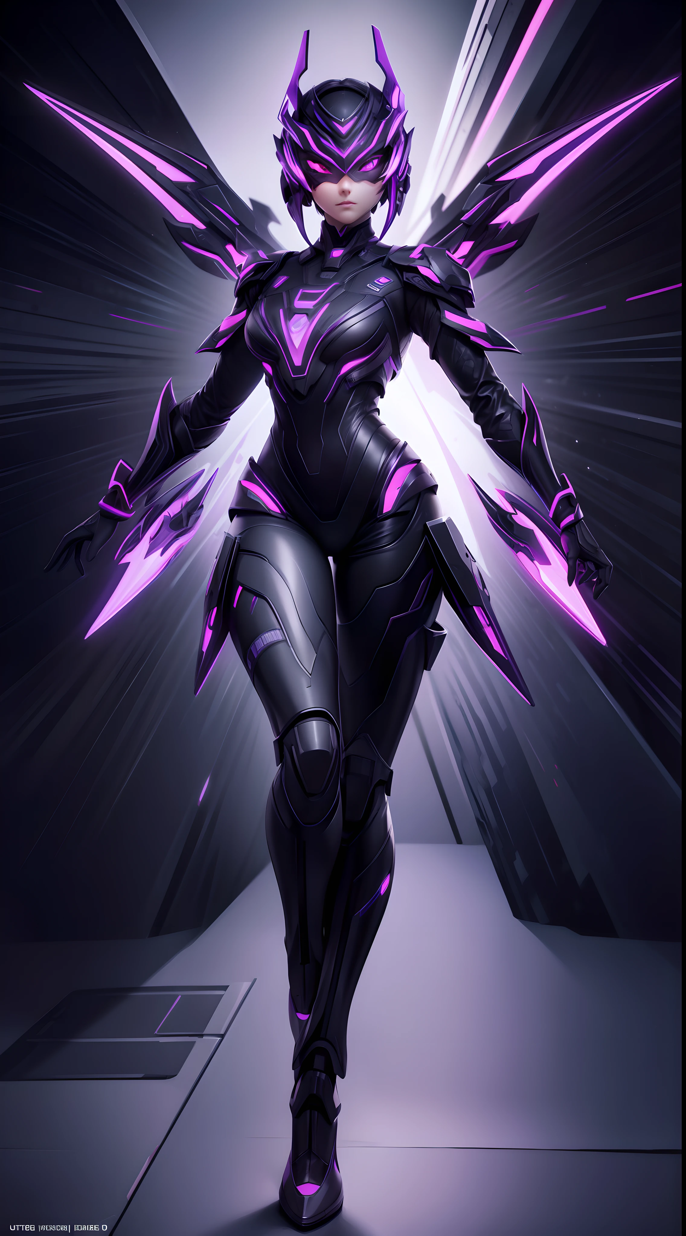 solo, super fine photo, full body picture Unreal Engine 5 8K UHD of a girl, wearing futuristic black tight battle suit with dress, full face mask, futuristic neck collar, purple light details, gloves with purple light claws, dark makeup, best quality, masterpiece, unified 8k wallpaper, super detailed, sharp focus, dynamic pose