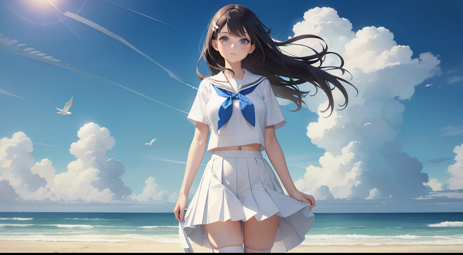 1 girl, cute, hairpins, beautiful blue eyes, white school uniform, full body, perfect body size, stockings, wind blowing skirt, clouds, standing in beach sand, clear blue sky in the background, beautiful body, medium breast