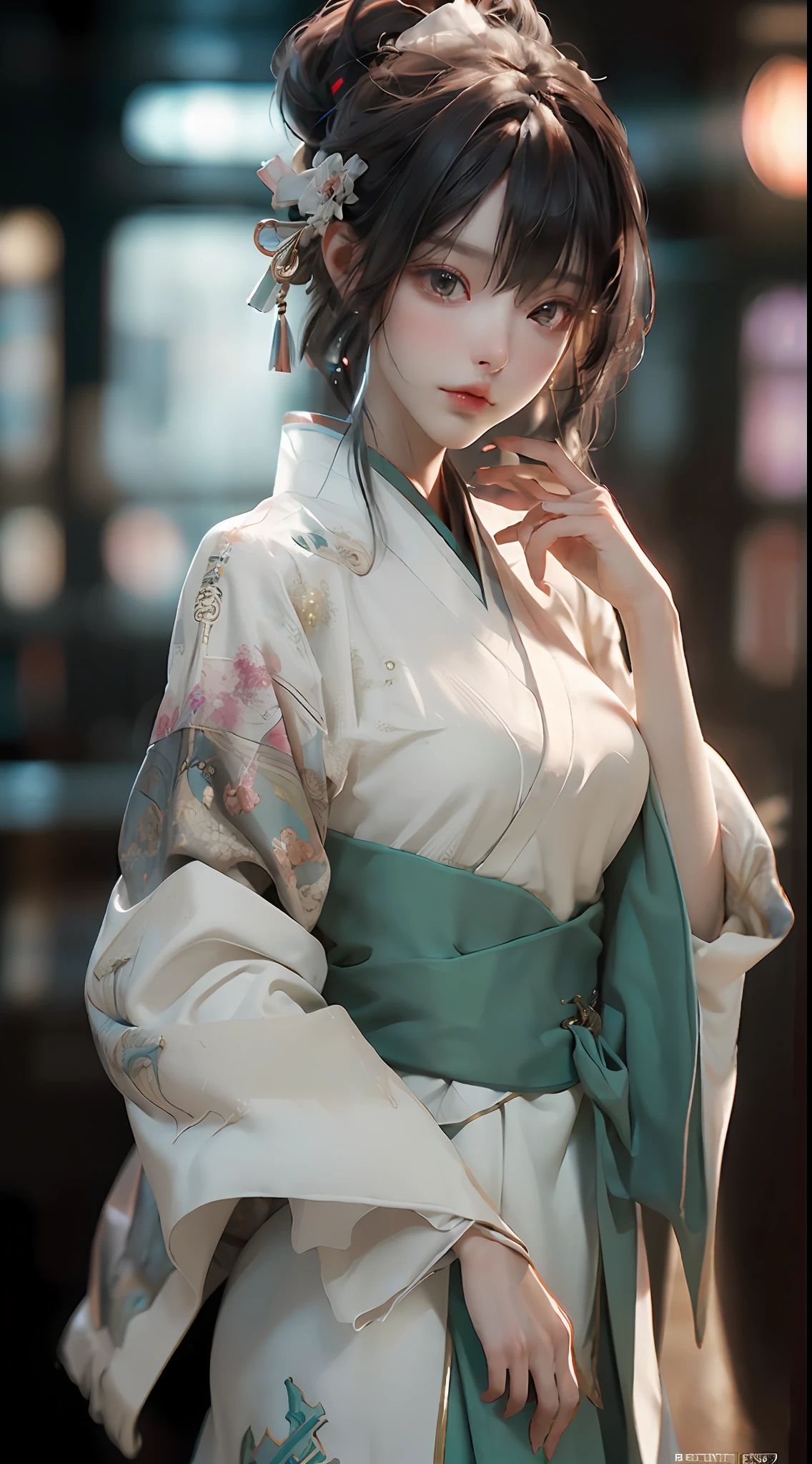((best qualtiy)), ((tmasterpiece)), (the detail:1.4), 3D, A beautiful cyberpunk female image,Chinese Hanfu，HDR（HighDynamicRange）,Ray traching,NVIDIA RTX,Super-Resolution,Unreal 5,Subsurface scattering、PBR Texture、post-proces、Anisotropy Filtering、depth of fields、maximum definition and sharpness、Many-Layer Textures、Albedo e mapas Speculares、Surface Coloring、Accurate simulation of light-material interactions、perfectly proportions、Octane Render、Two-colored light、largeaperture、Low ISO、White balance、the rule of thirds、8K RAW、