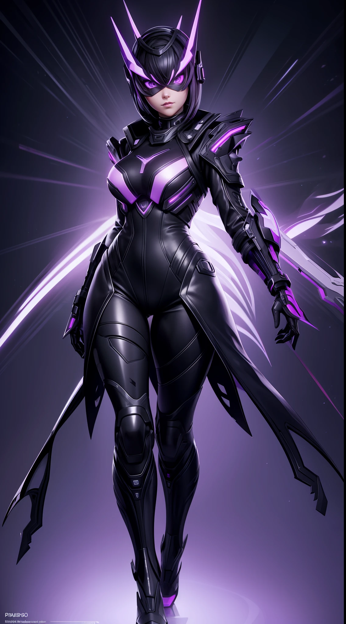 solo, super fine photo, full body picture Unreal Engine 5 8K UHD of a girl, wearing futuristic black and white tight battle suit with leather futuristic long jacket, full face mask, futuristic neck collar, purple light details, gloves with purple light claws, dark makeup, best quality, masterpiece, unified 8k wallpaper, super detailed, sharp focus, dynamic pose