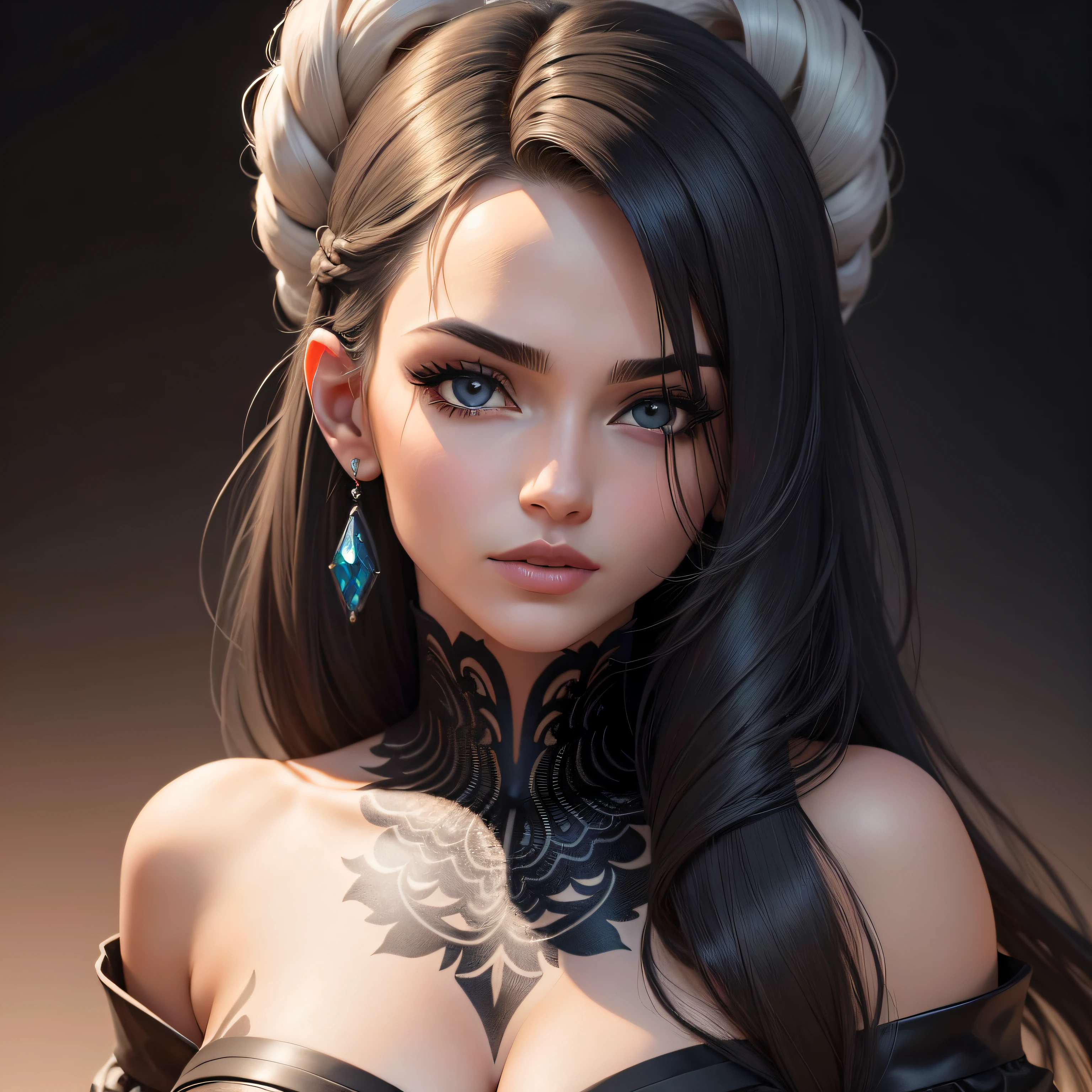 um close up de uma mulher com longos cabelos brancos e tatuagens, cabelo preto longo detalhado, cabelos escuros cacheados, cabelo preto rodopiante, preto longo cabelo encaracolado longo, cabelos negros cacheados, longos cabelos escuros e redemoinhos, longos cabelos cacheados pretos, longos cabelos cacheados intrincados, longos cabelos negros encaracolados, cabelos escuros e redemoinhos, mulher detalhada, cabelo encaracolado preto, beautiful artwork