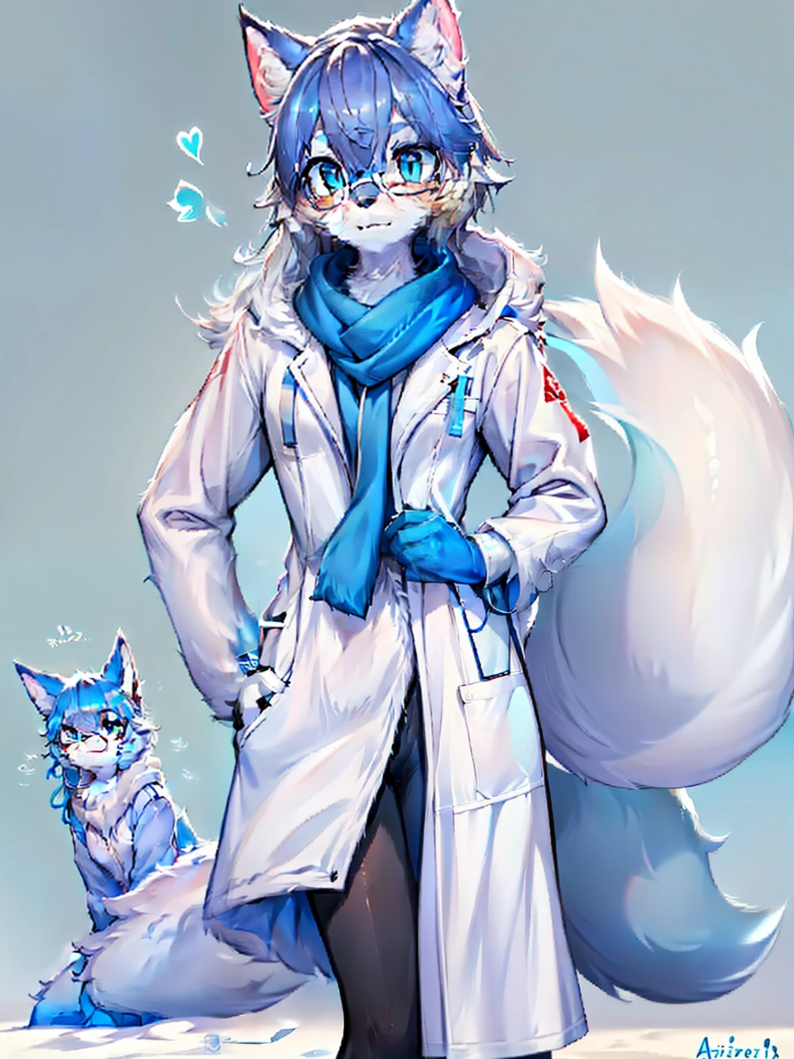 Anime character with arctic fox ears wearing lab coat and blue scarf,Arctic fox with fluffy blue fur and tail,Wear half-rimmed glasses,Arctic fox beauty in lab coat,  Fox scientist, professional furry drawing