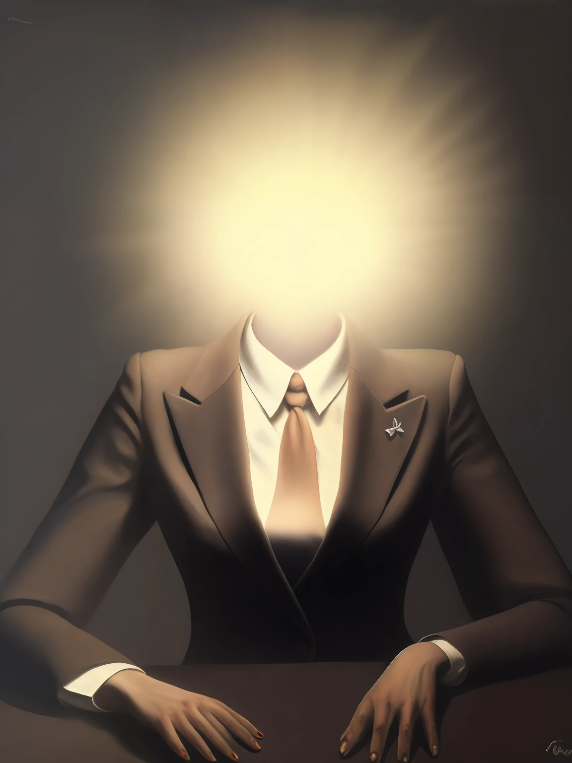 a painting of a woman in an elegant suit with a white light in place of her head, Ultra Definition, 4K Cinematic Lights, Well detailed hands, unhas e dedos detalhados