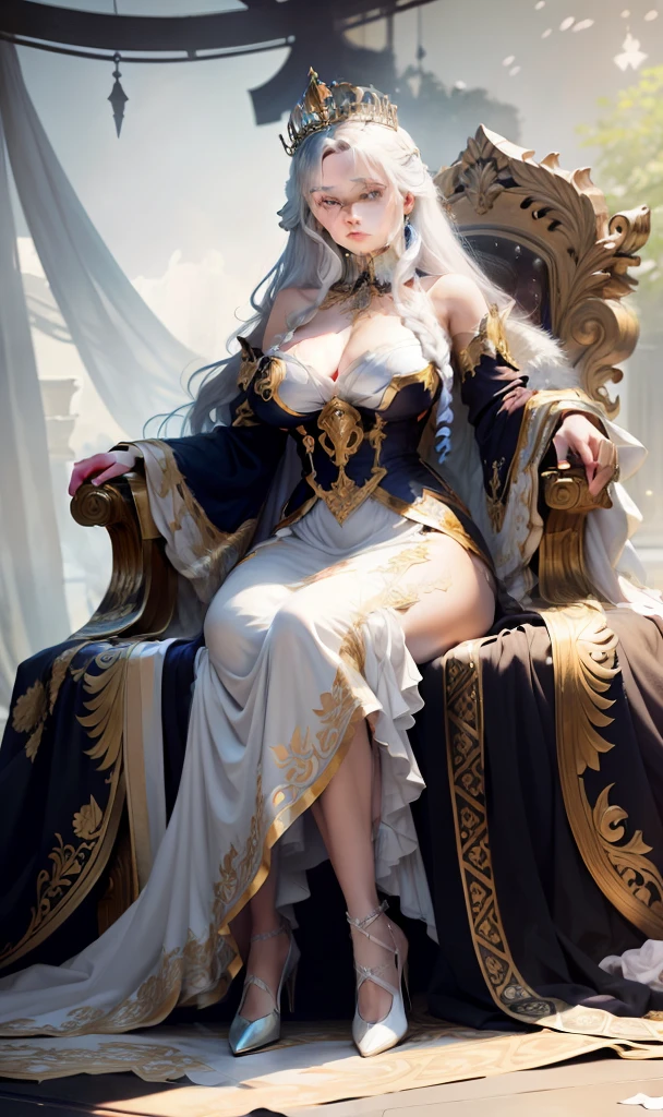 The maiden on the throne,Elegant lady wearing a gorgeous crown,huge tit,Crispy chest half leaky,White shoulders,long leges